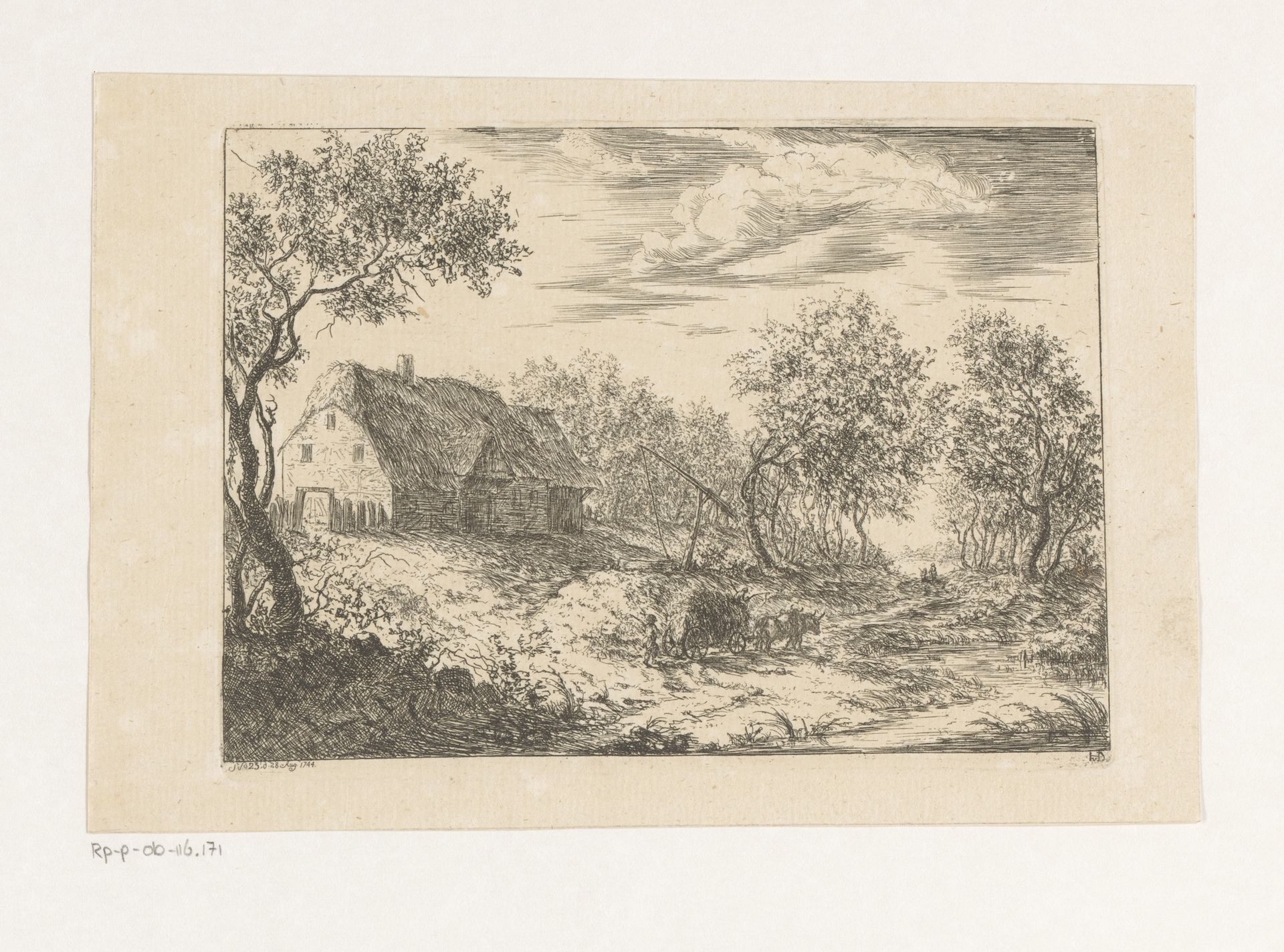 Landschap met boerderij en hooiwagen by Christian Ludwig von Hagedorn