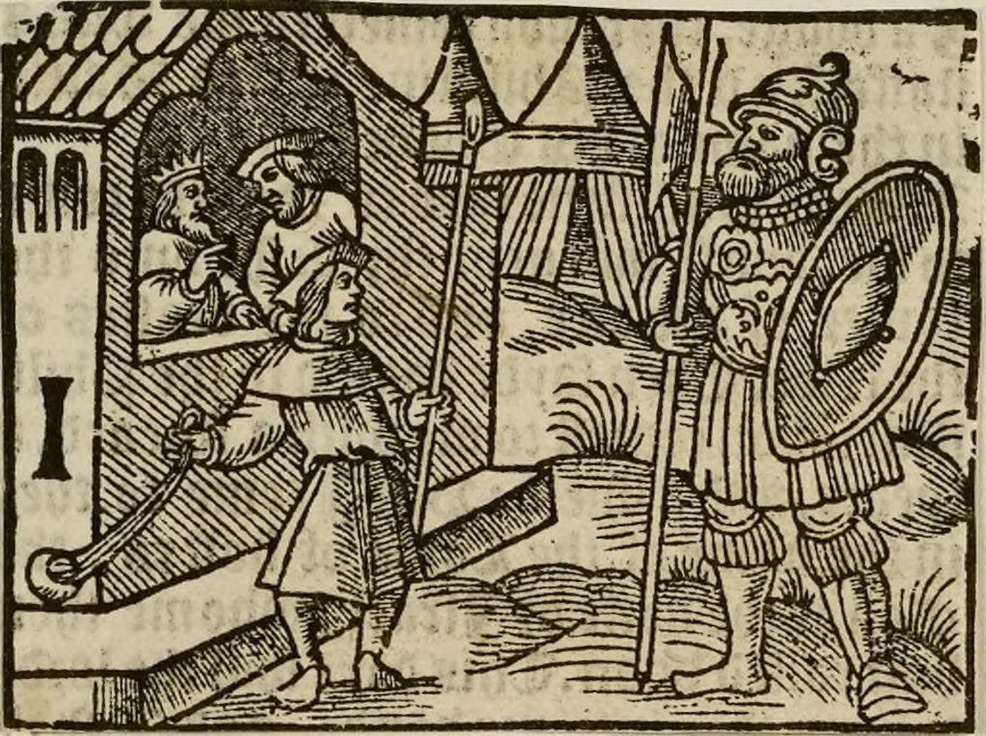Illustration XXXVII: Saul inquires of Abner the identity of the youth David who overcomes the great Goliath (I Samuel 17). by Anonymous