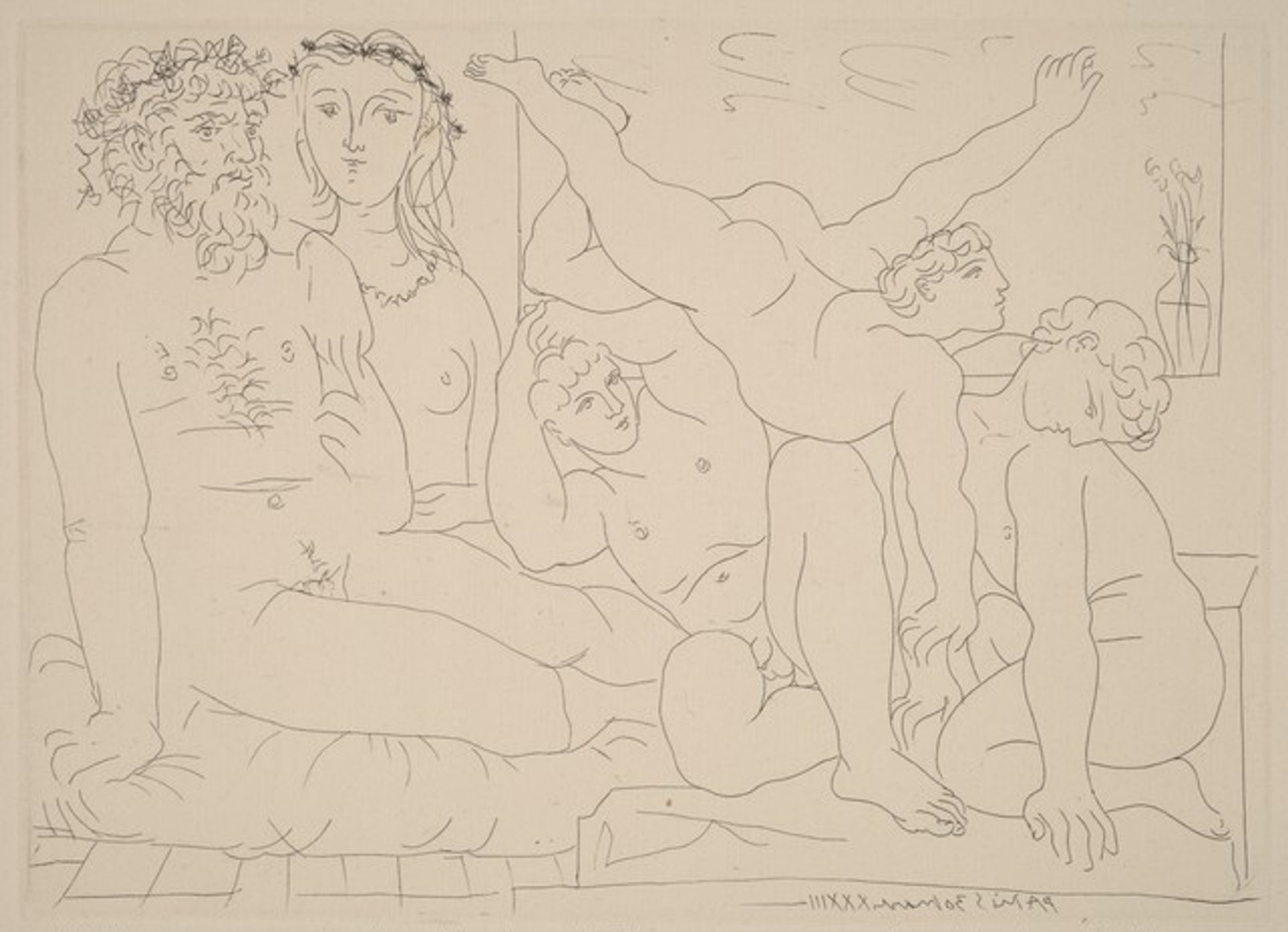 Sculptor and His Model with a Sculpture Group of Athletes (Sculpteur et son modèle avec un groupe sculpté représentant des athlètes) by Pablo Picasso