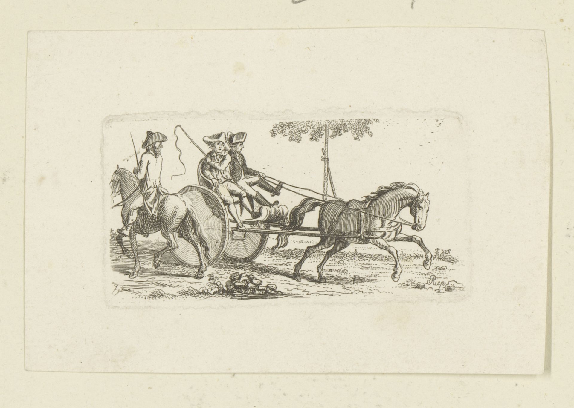 Rijtuig met twee mannen en ruiter passeren elkaar by Ernst Ludwig Riepenhausen