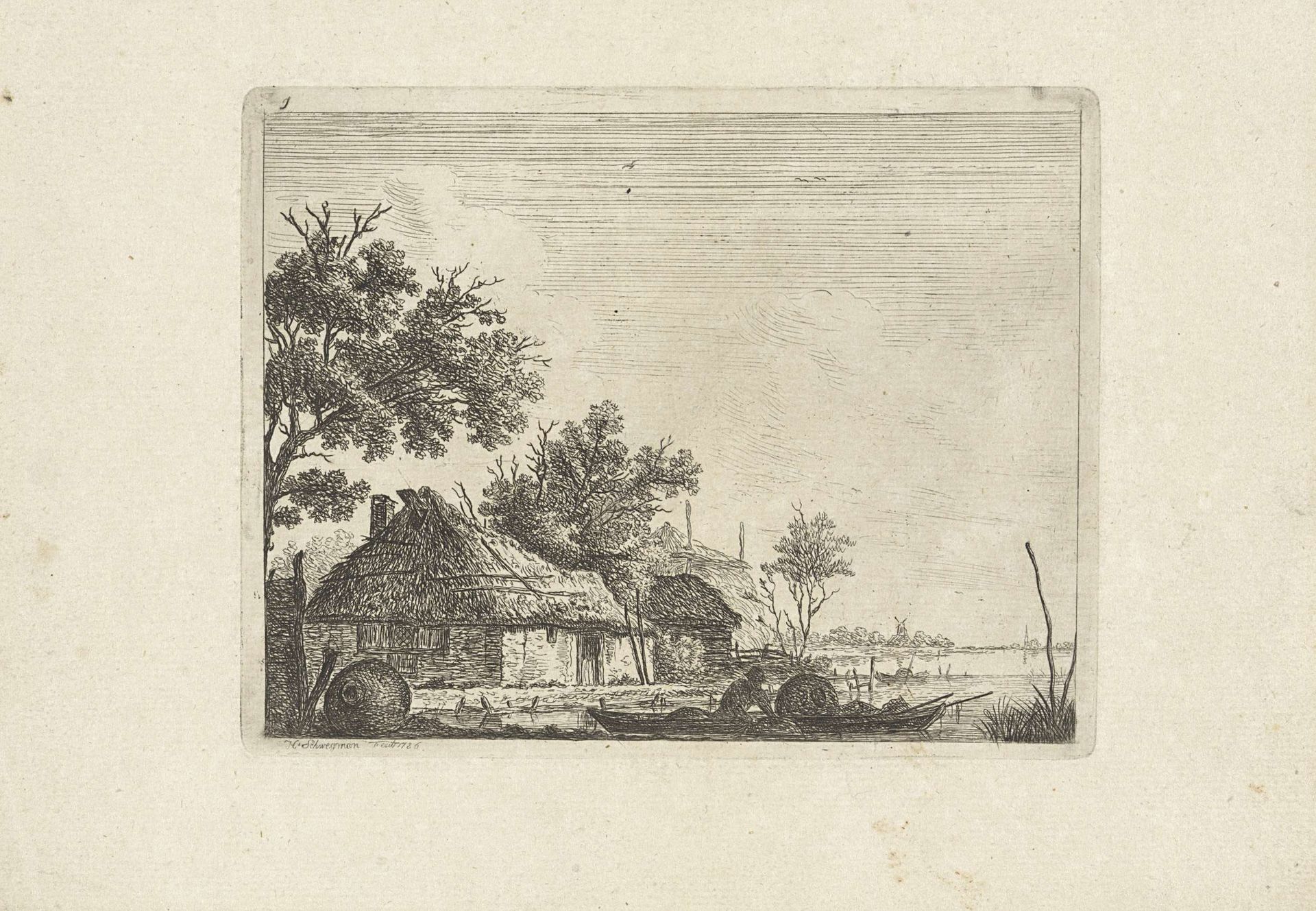 Landschap met boerderij en visser by Hendrik Schwegman