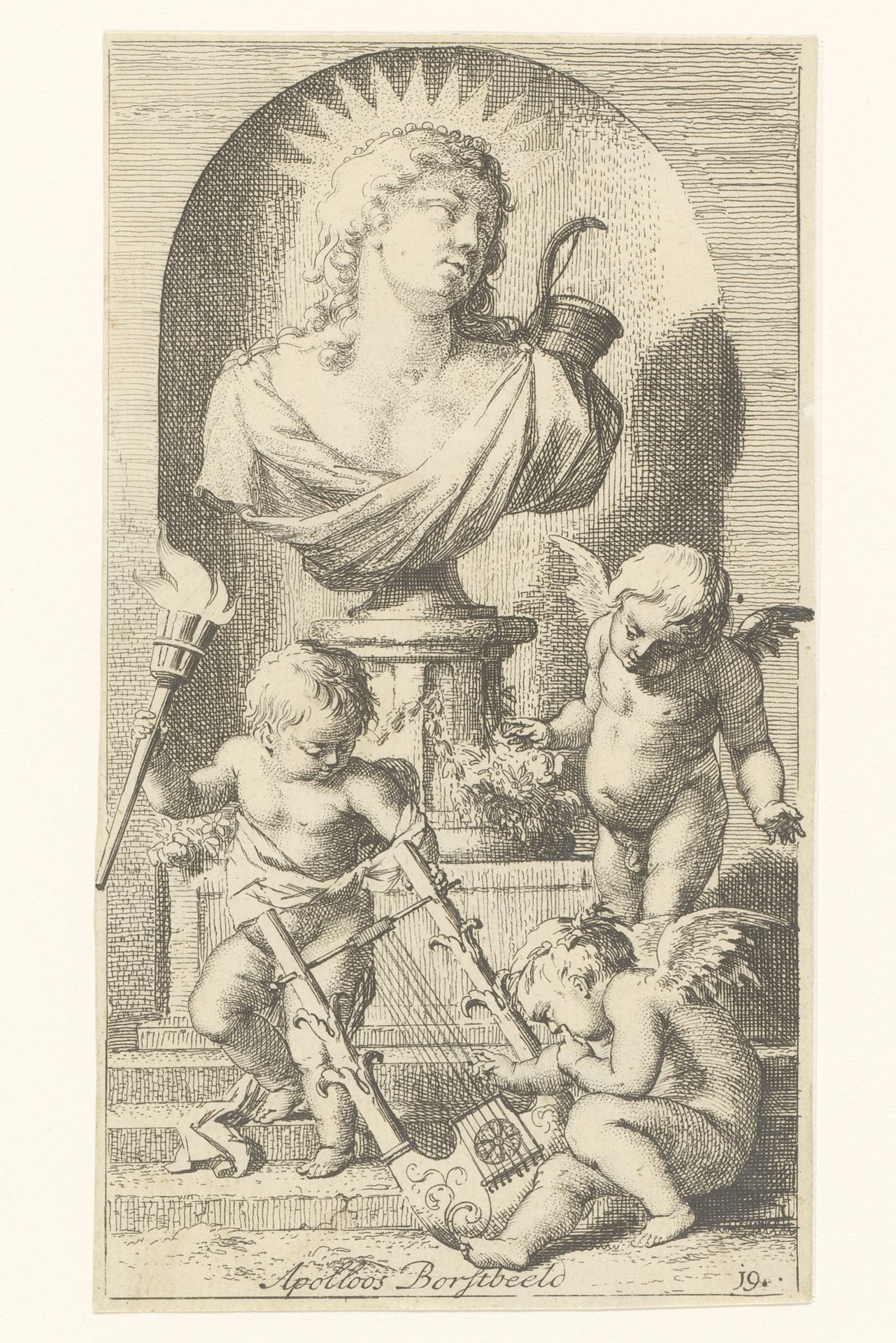 Drie putti bij een borstbeeld van Apollo by Arnold Houbraken