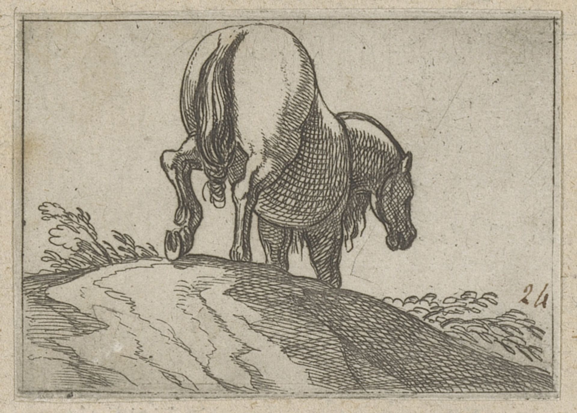 Paard over een heuveltje lopend van achteren gezien by Antonio Tempesta