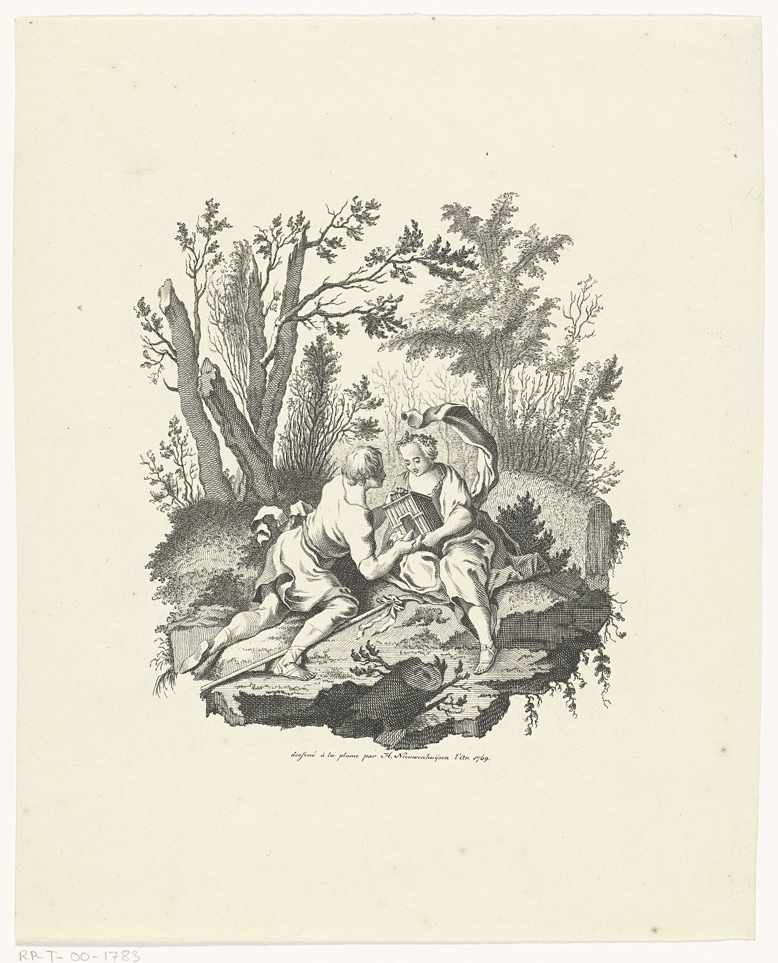 Herder en herderinnetje met vogel en vogelhuisje by Hendrik Nieuwenhuysen