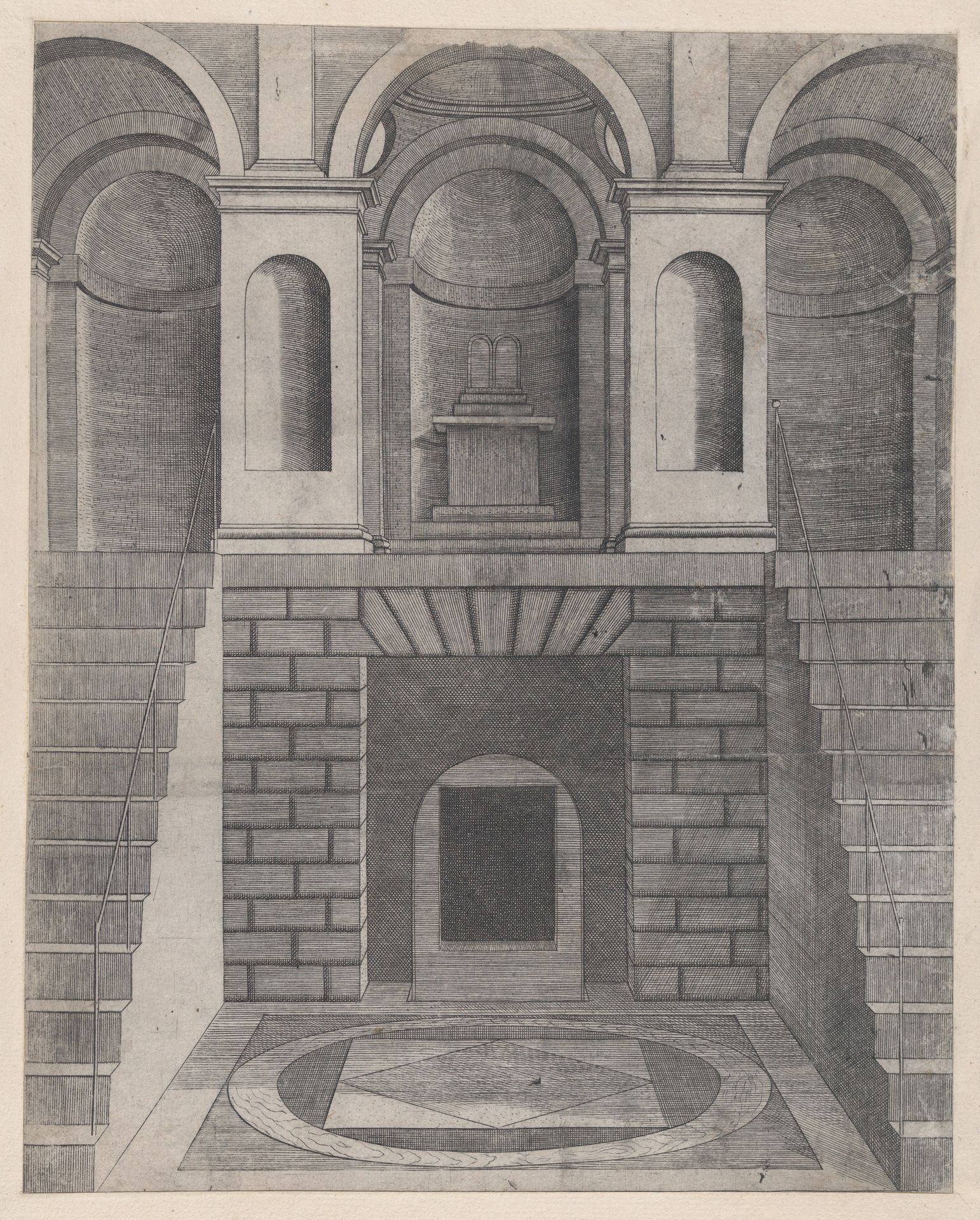 Speculum Romanae Magnificentiae: Interior, showing an underground chamber reached by two flights of stairs, one on each side; niches on the landing above. by Anonymous