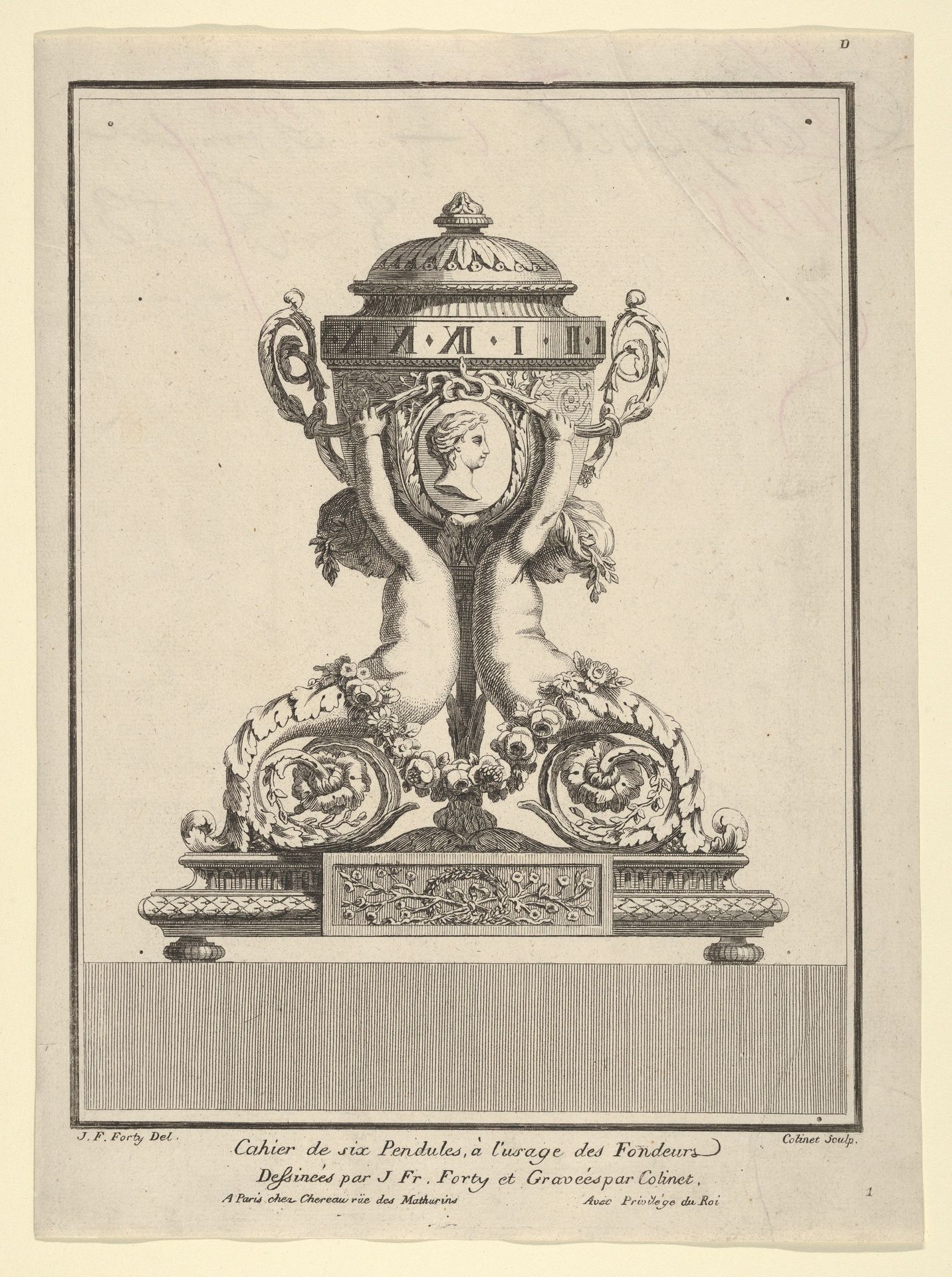 Design for a Clock, Title Page to 'Cahier de six Pendules' by Jean François Forty