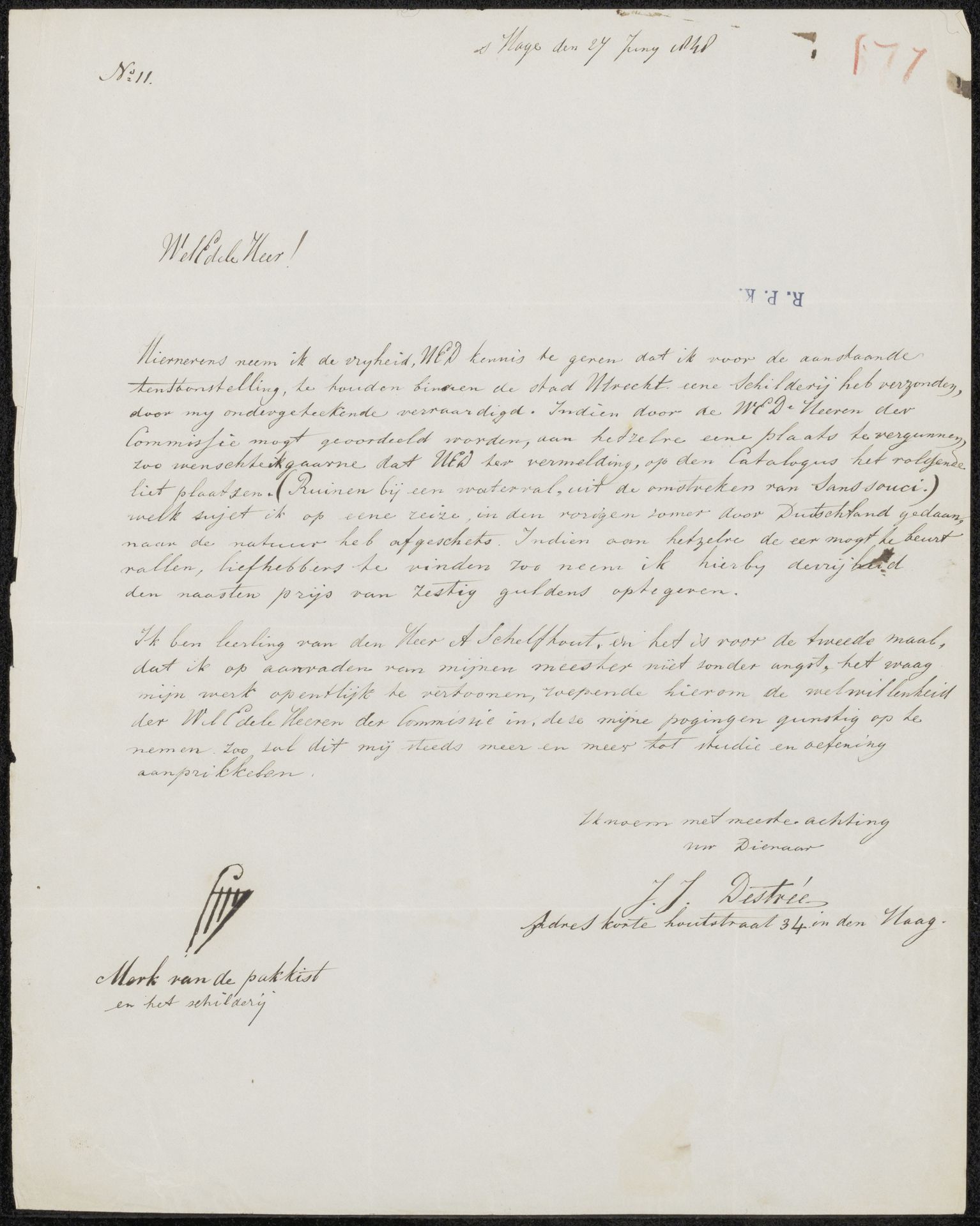 Brief aan de commissie van de Tentoonstelling van Levende Meesters in Utrecht by Johannes Josephus Destree