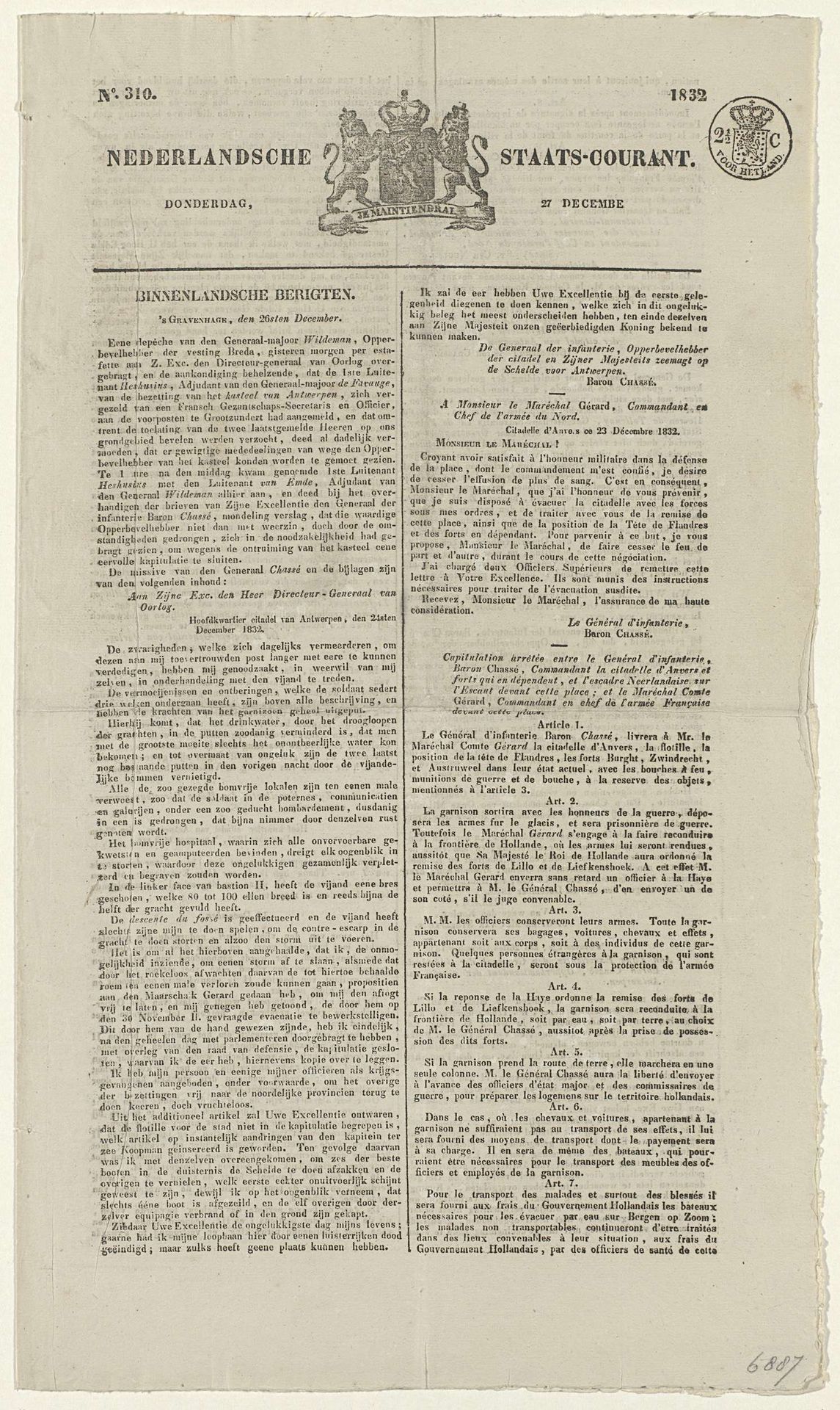 Nederlandse Staatscourant van 27 december 1832 met het nieuws van de overgave van de Citadel van Antwerpen by Algemeene Landsdrukkerij