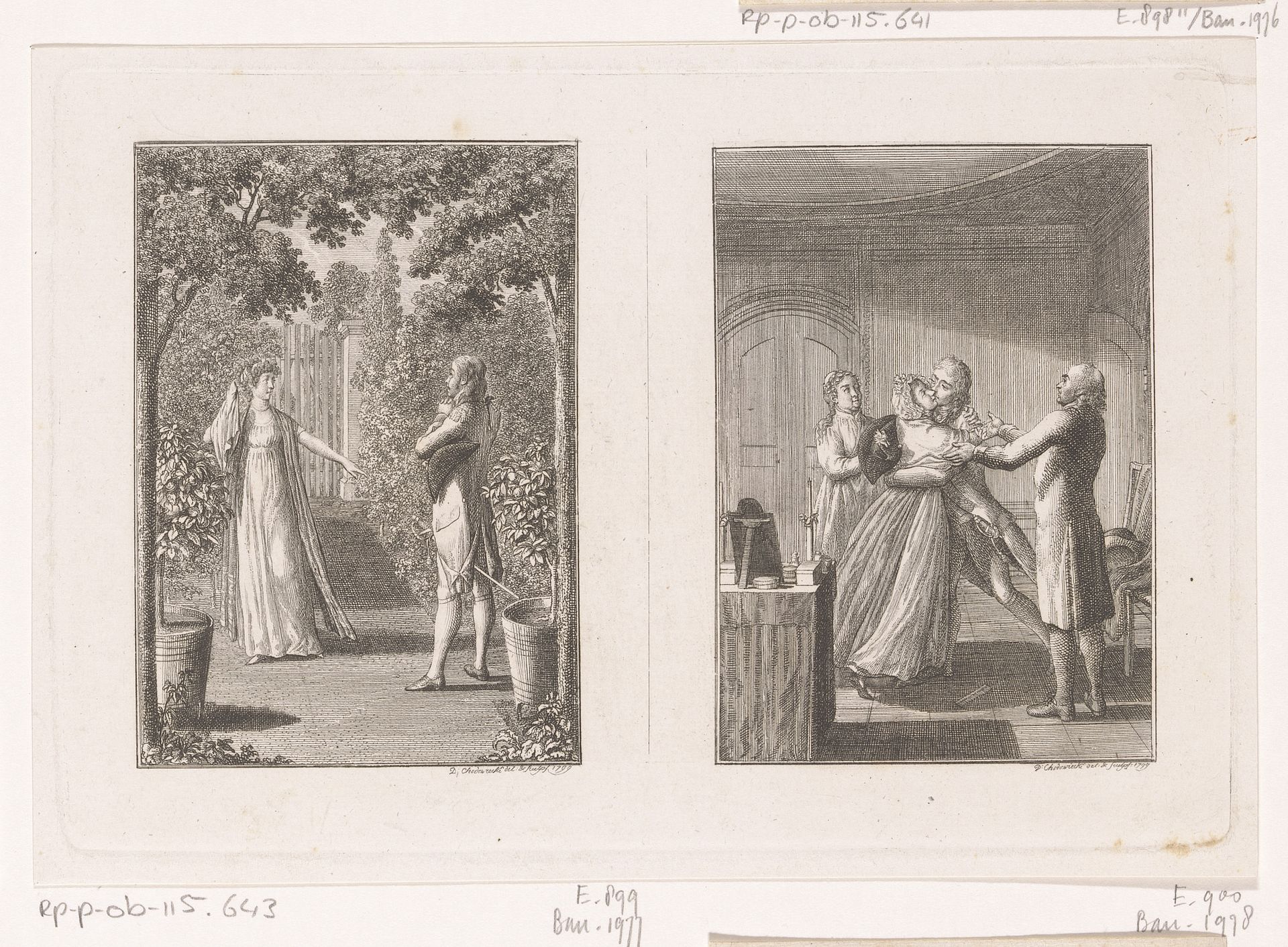 Twee voorstellingen uit de verhalen van Karl Lang by Daniel Nikolaus Chodowiecki
