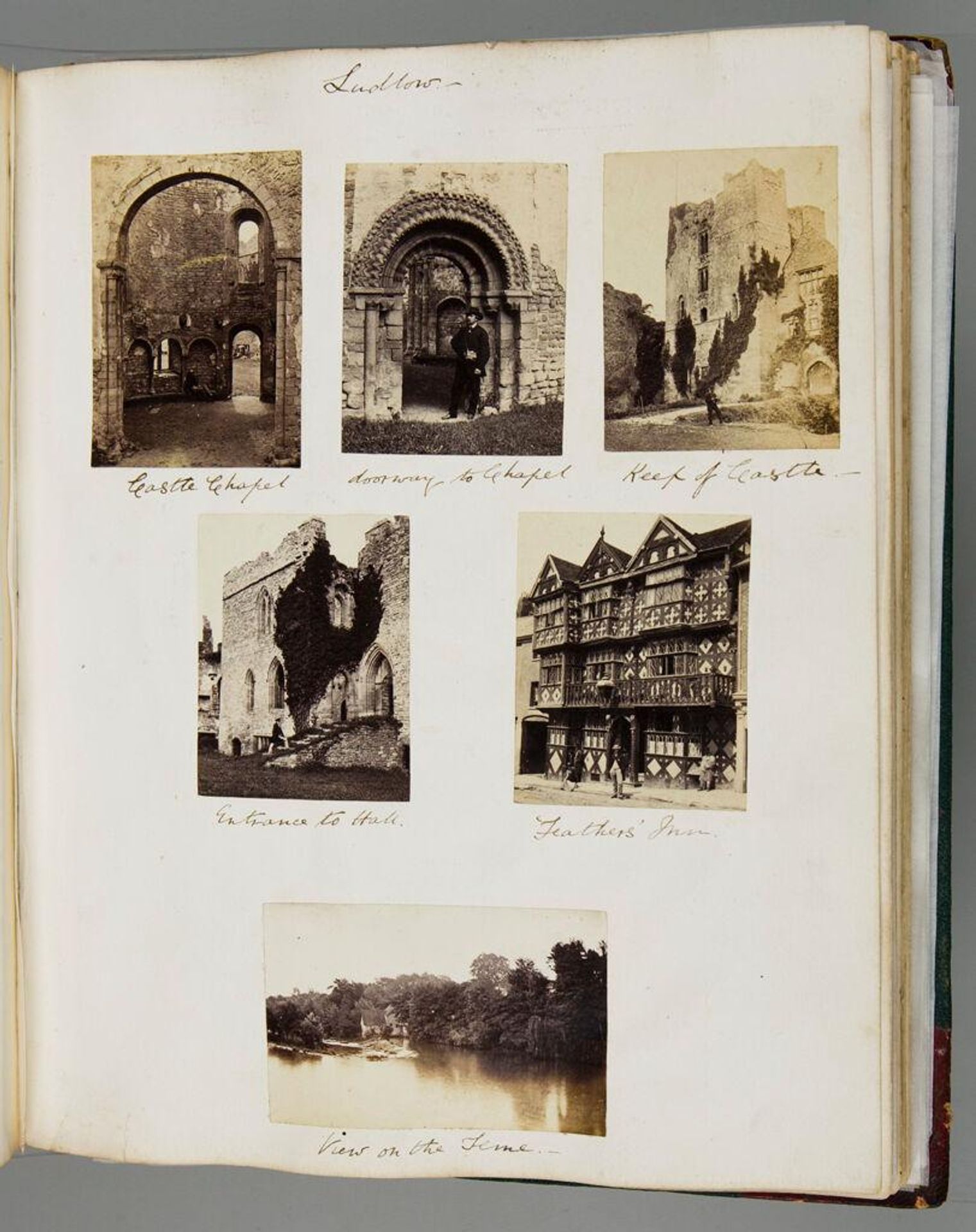 Untitled (six views in Ludlow England, clockwise from top left, Ludlow Castle Chapel figure in background; doorway to Chapel with unidentified man; Keep of Ludlow Castle; Feather's Inn; View on the Teme; Entrance to Hall at Ludlow Castle; verso: five photographs, clockwise from top left, Ludlow Castle; Stoke Church near Guildford; St. Mary's Church, Guildford; view of Guildford from above; Archbishop Abbott's Hospital Guildford) by Iorwerth Grey Lloyd