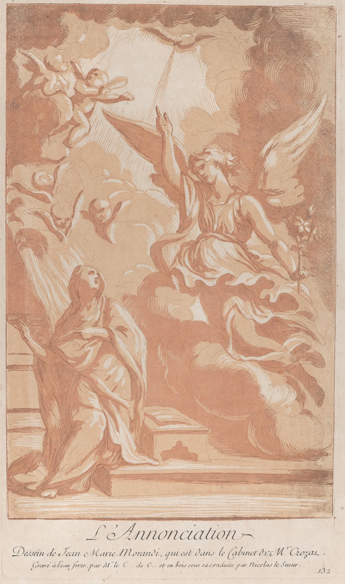 The Annunciation with the Virgin kneeling at left and Gabriel appearing at right by Anne Claude Philippe Caylus