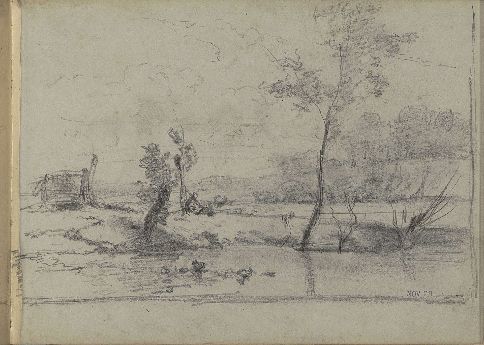 Bomen en een huis aan een waterkant by Willem Roelofs