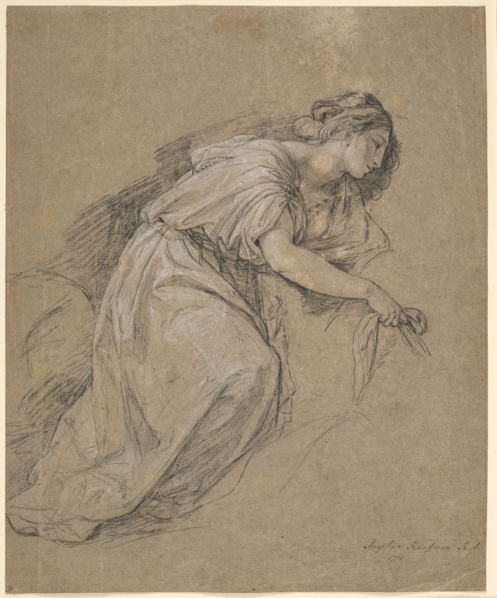 Study from life of a kneeling woman in profile by Angelica Kauffmann