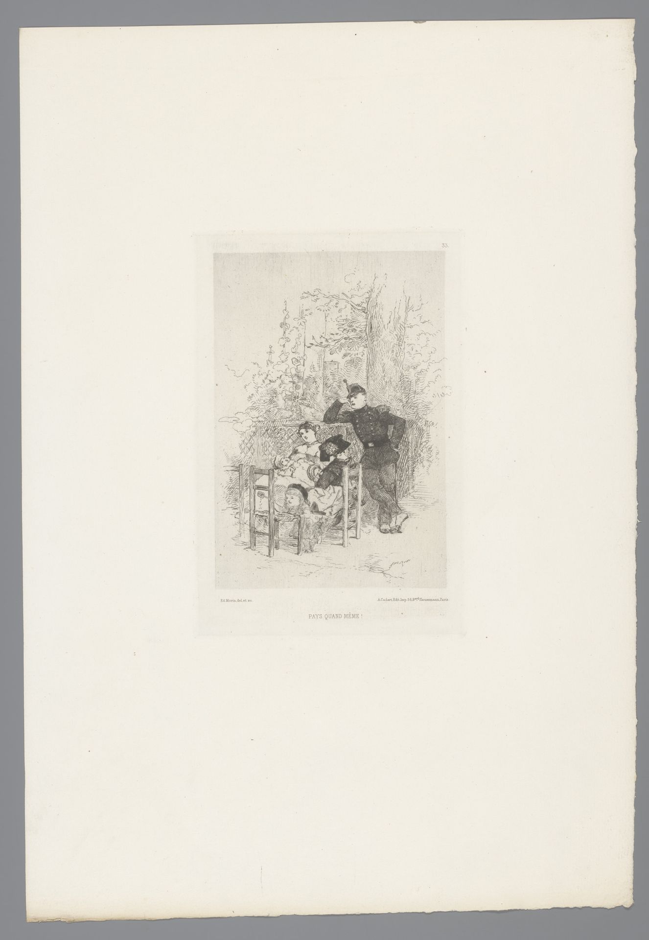 Soldaat staand bij twee vrouwen met jonge kinderen by Edmond Morin