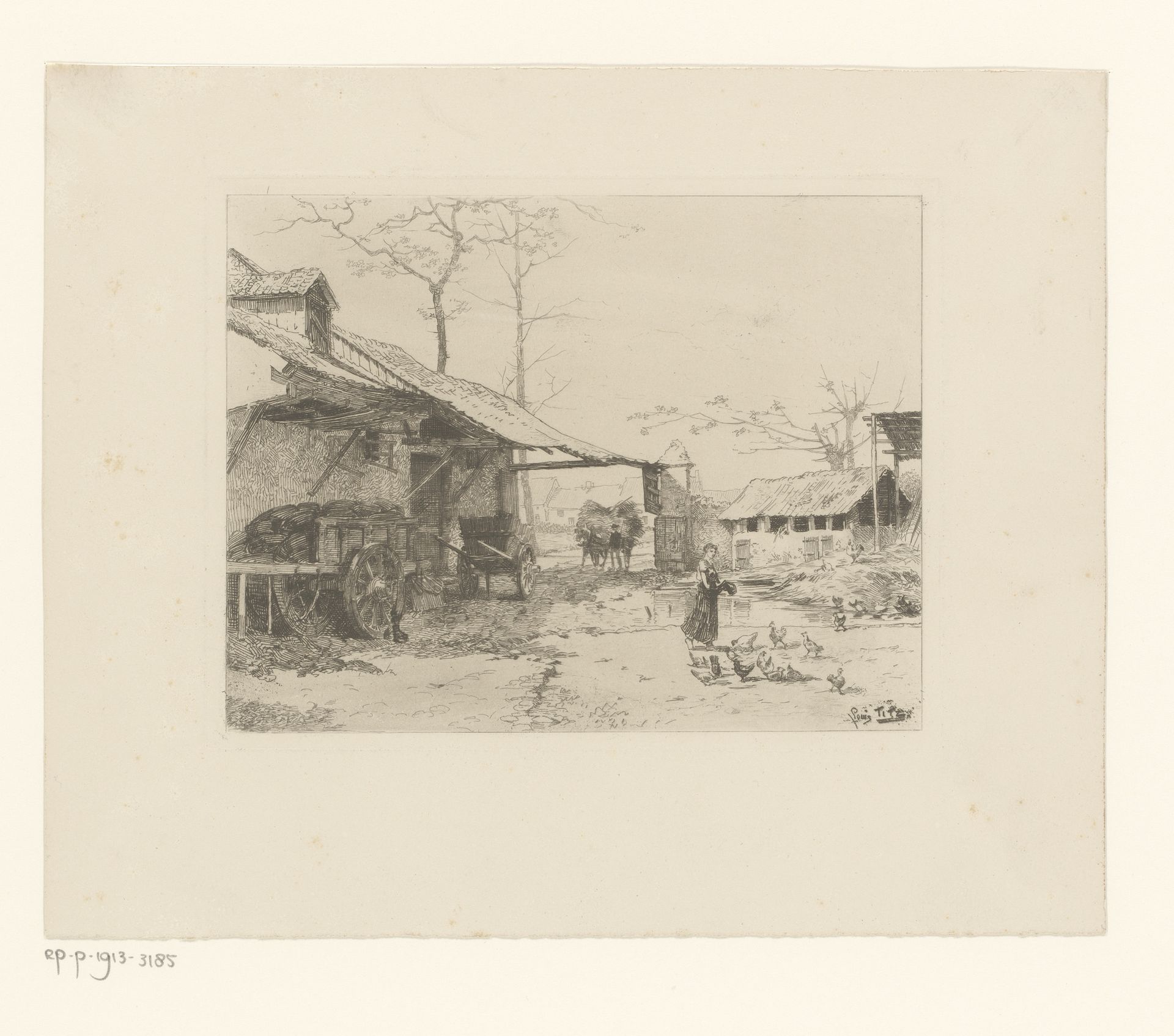 Boerenerf met jonge vrouw die kippen voert by Louis Titz