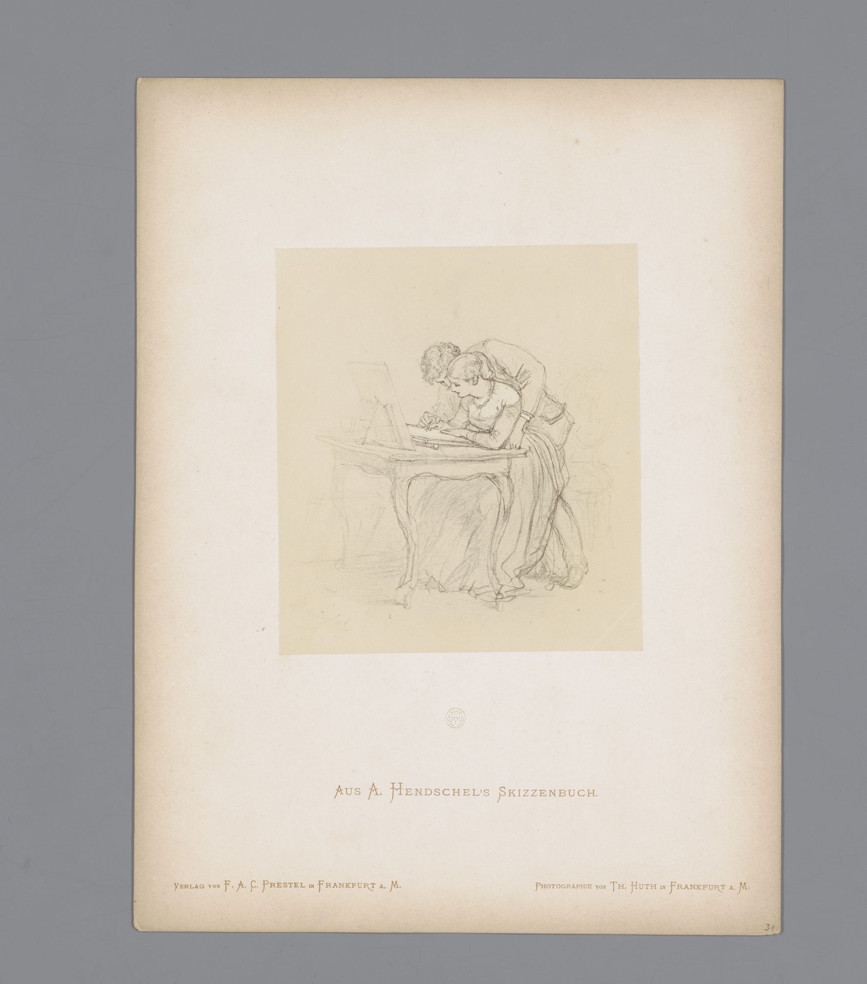 Fotoreproductie van een schets van een liefdespaar dat samen tekent, door Albert Hendschel by Theodor Huth