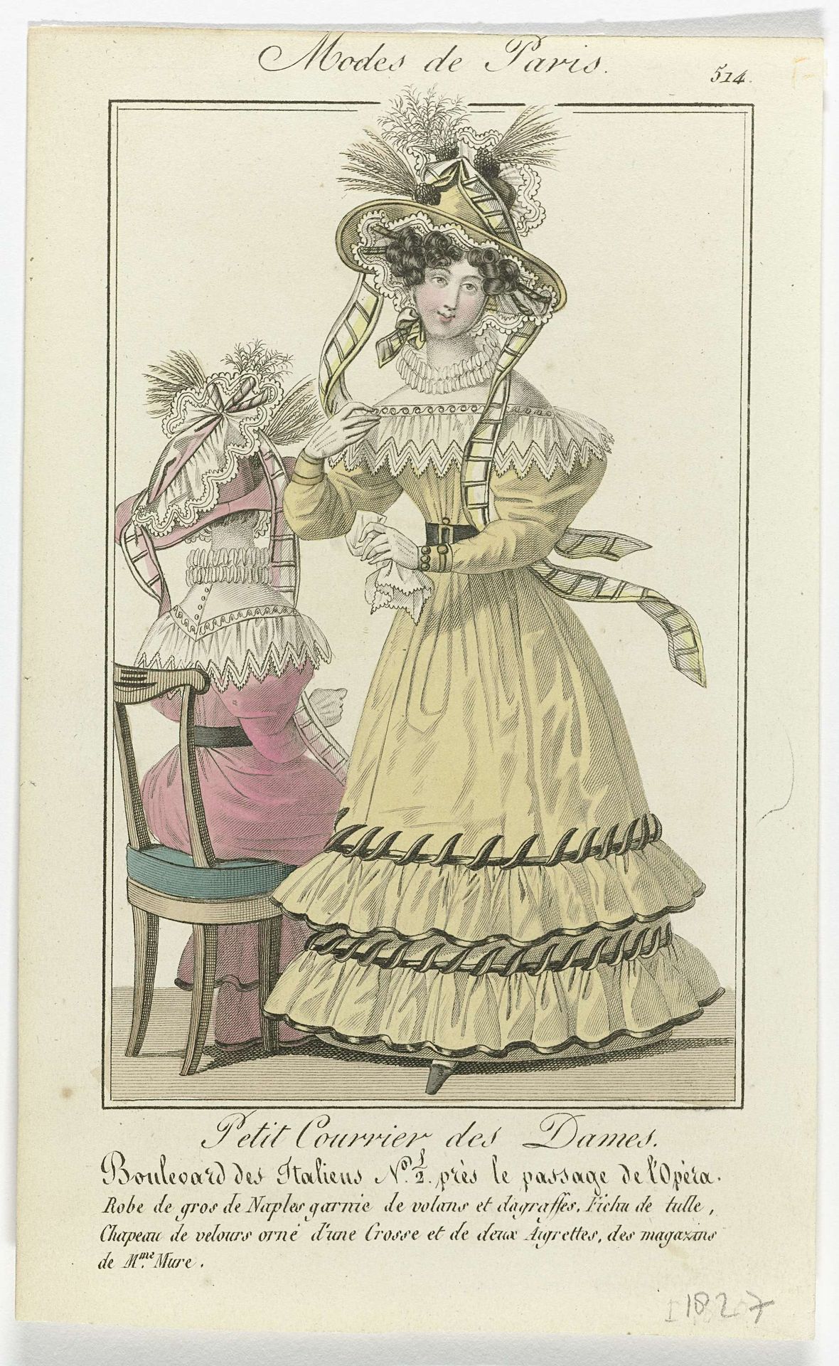 Petit Courrier des Dames, Modes de Paris, 1827, No. 514 : Robe de gros de Naples (...) by Anonymous
