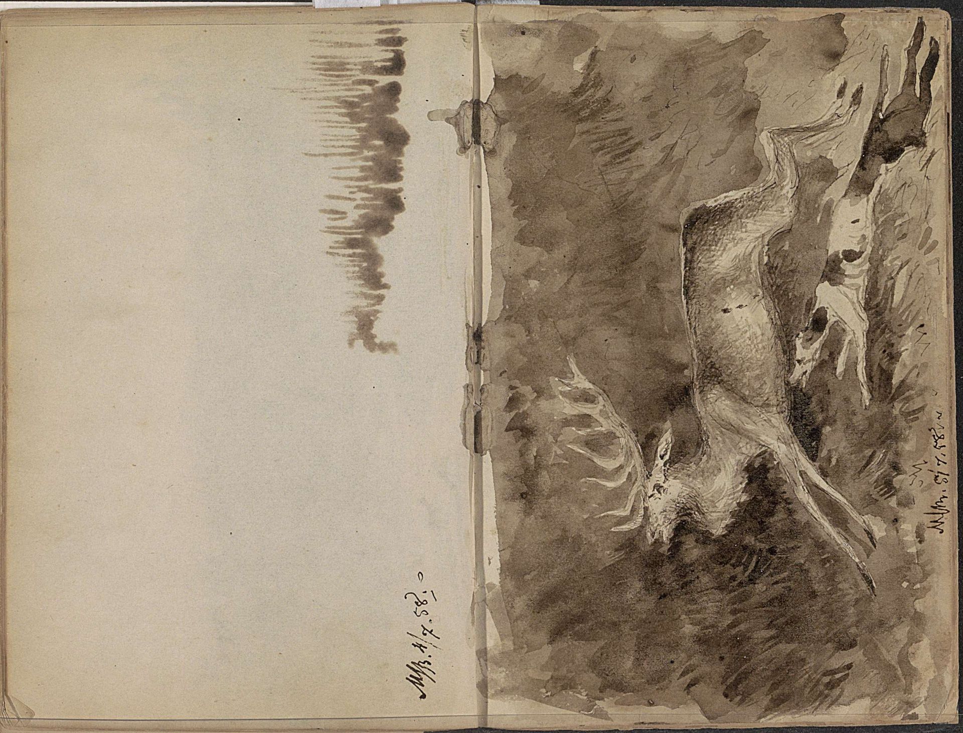 Hond jagend op een hert by Johannes Tavenraat