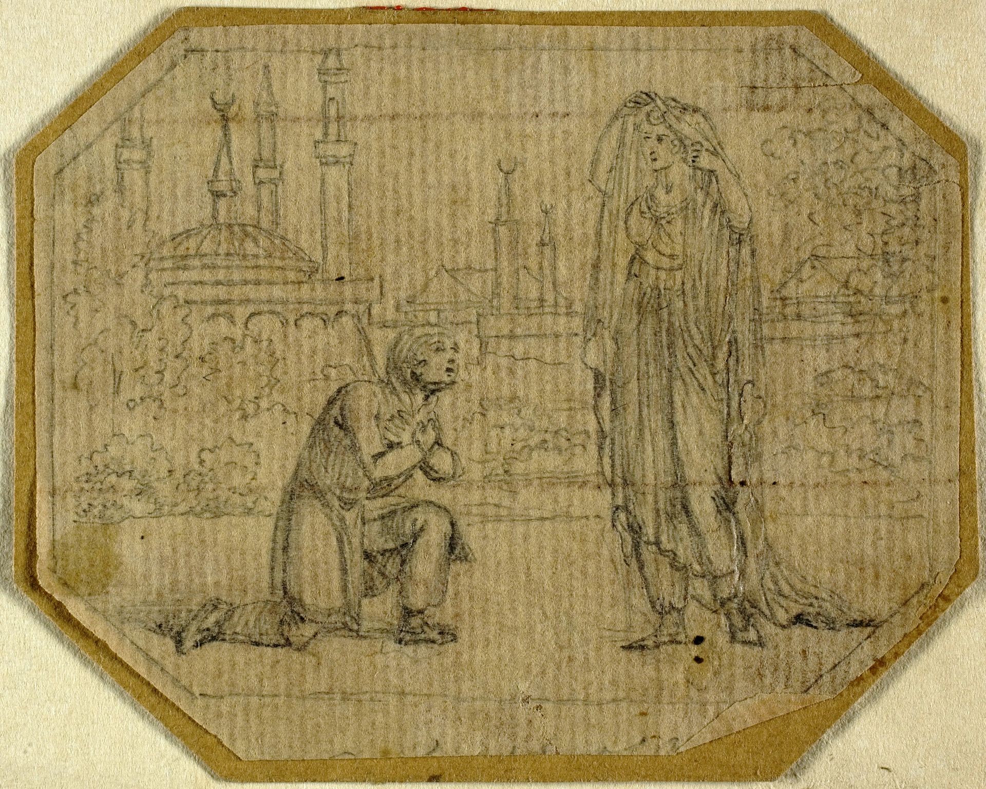 Man Kneeling Before Veiled Woman with Mosque in Background by Johann August Rossmassler