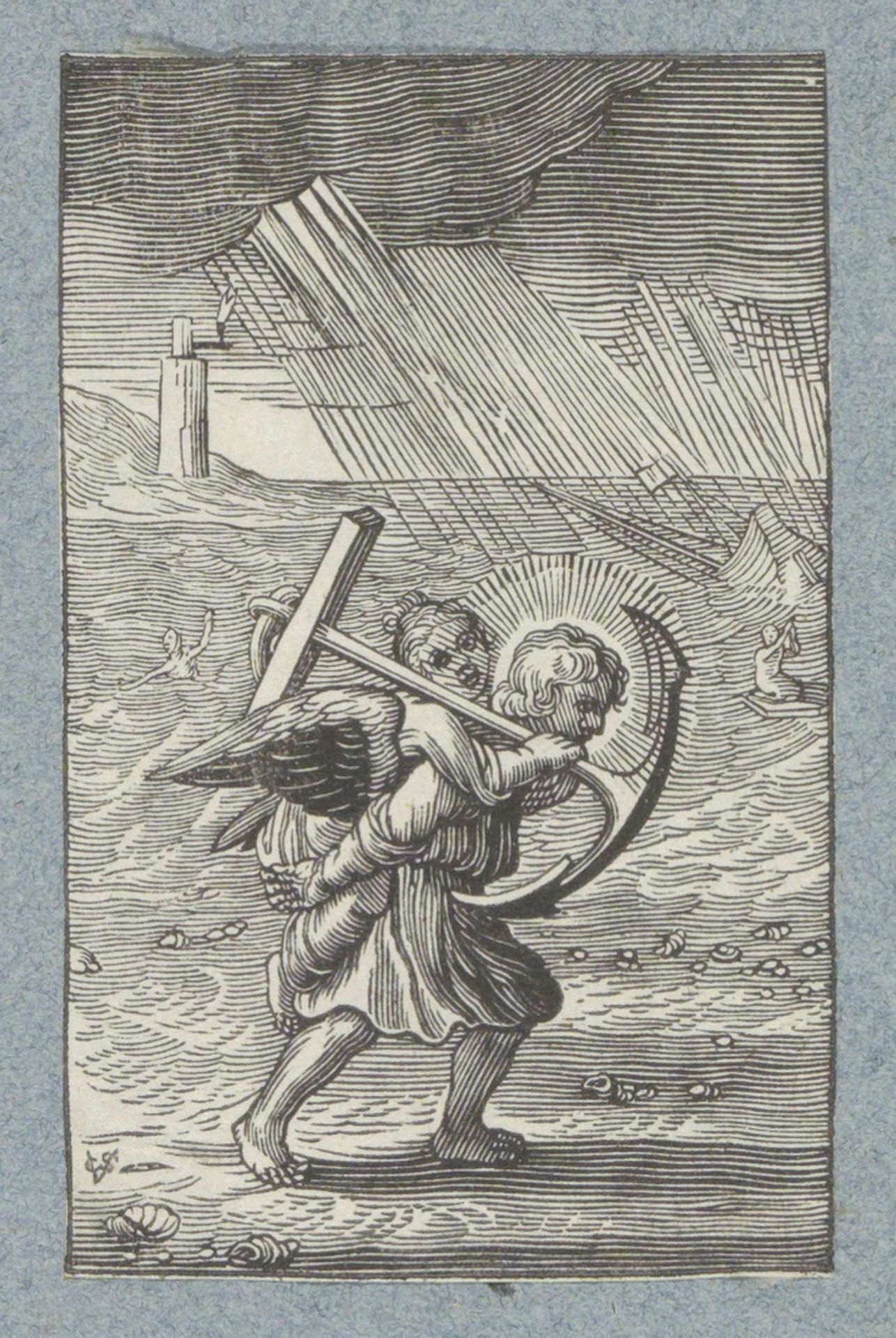 Engel draagt kind met anker op zijn rug by Christoffel van (II) Sichem