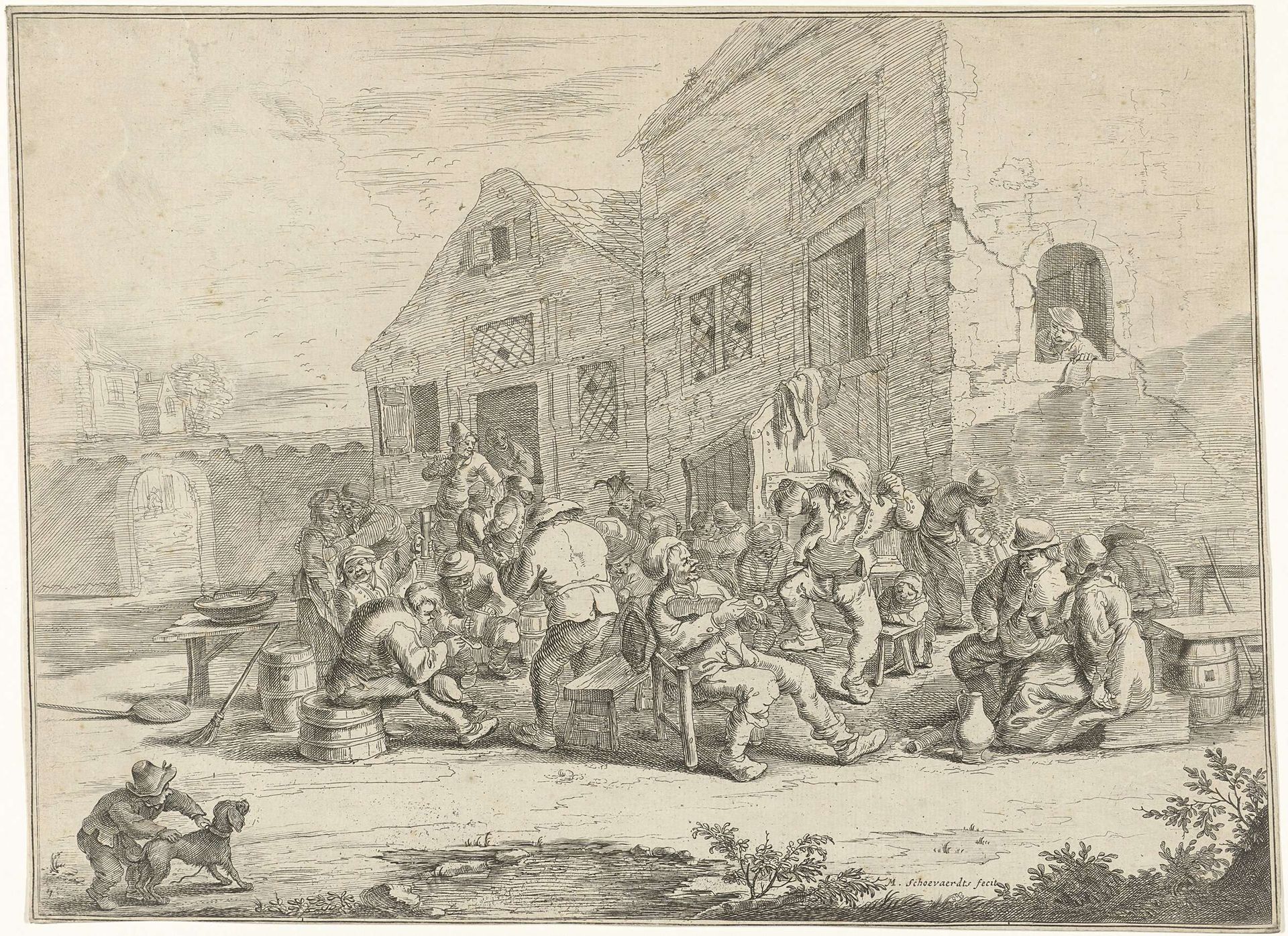 Vioolspeler bij een herberg by Matthijs Schoevaerdts