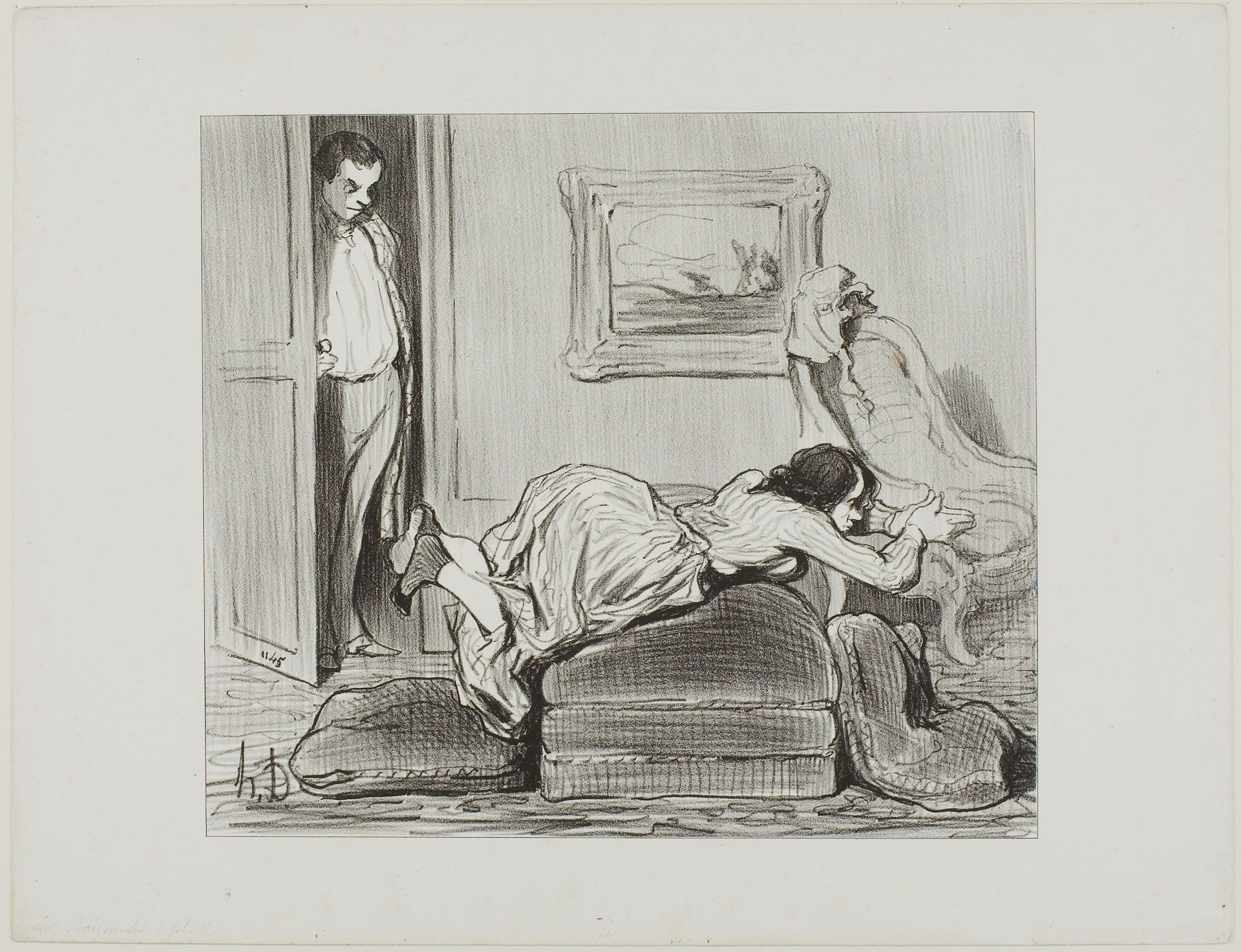 A zealous student practicing at home, plate 6 from Les Baigneuses by Honoré Daumier