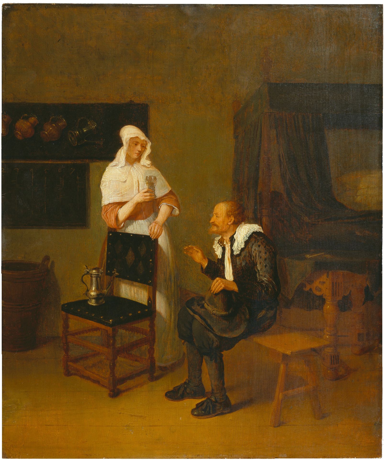 Scene at an Inn with elderly Guest and servant Maid by Quiringh van Brekelenkam