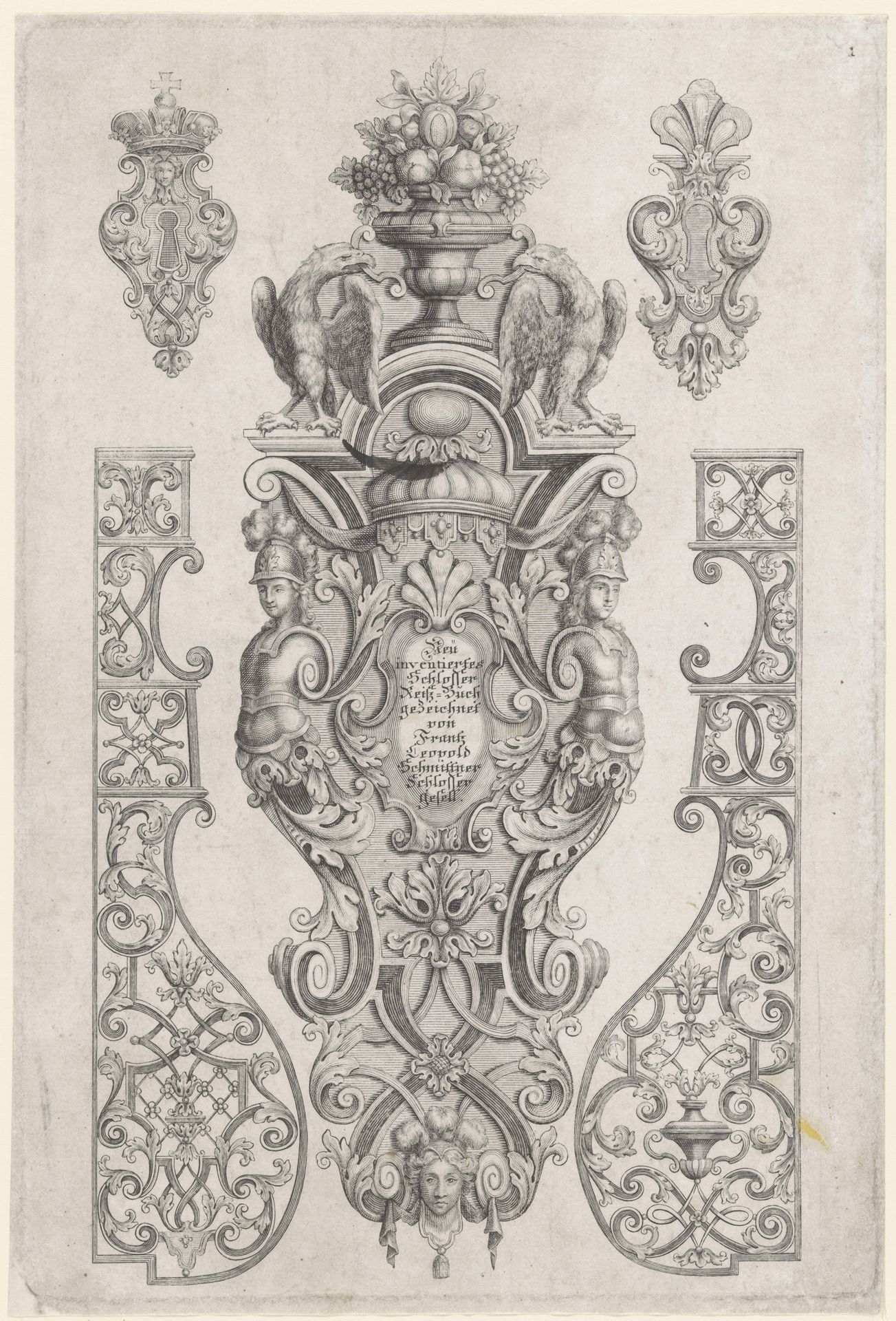 Geornamenteerde sloten, twee adelaars en een vaas met fruit by Anonymous