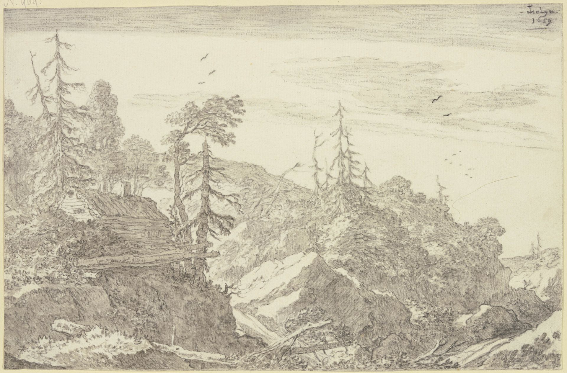 Felsige Gebirgsgegend mit Tannen, links auf einem Felsen ein Holzhaus by Pieter Molyn the Elder