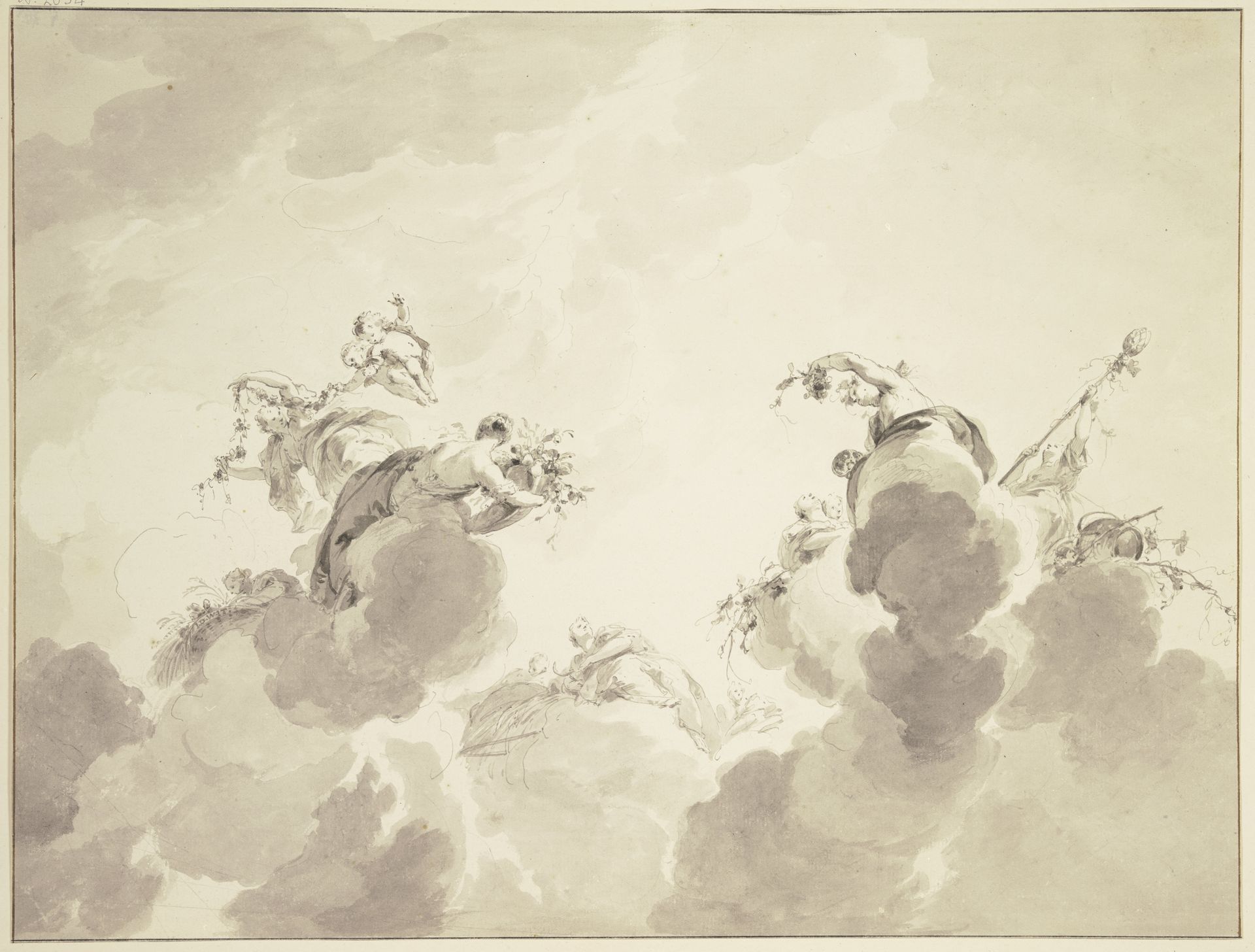 Bacchus, Ceres und Flora mit Gefolge in Wolken schwebend by Jacob de Wit