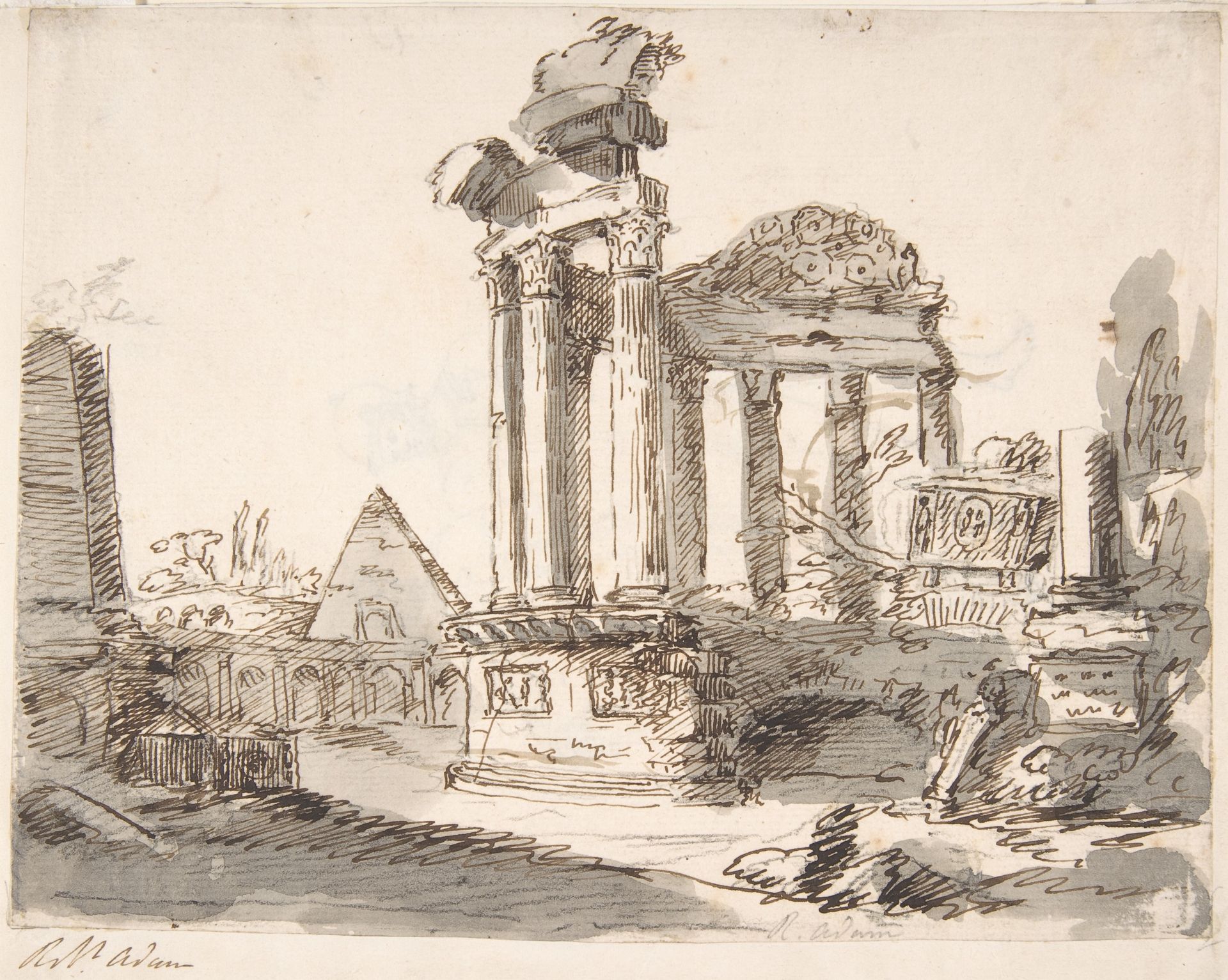 Classical Landscape with Ruins (recto); Two men in Roman military dress (verso) by Robert Adam