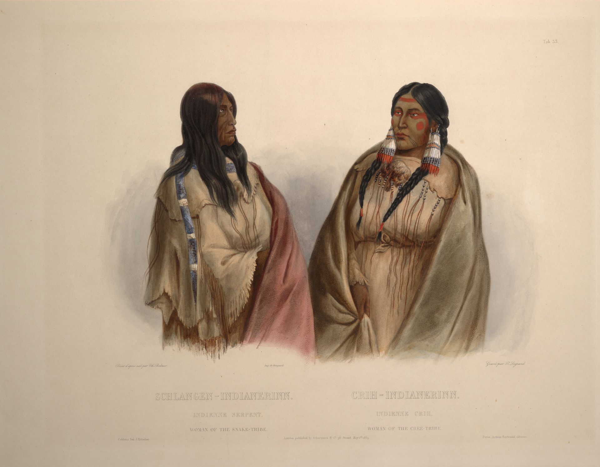 Woman of the Snake tribe and woman of the Cree tribe, plate 33  from Volume 1 of 'Travels in the Interior of North America' by Karl Bodmer