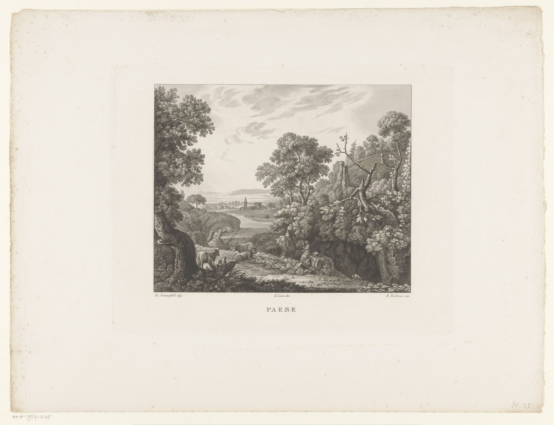 Landschap met herder, herderin en kudde ossen by Achille Parboni