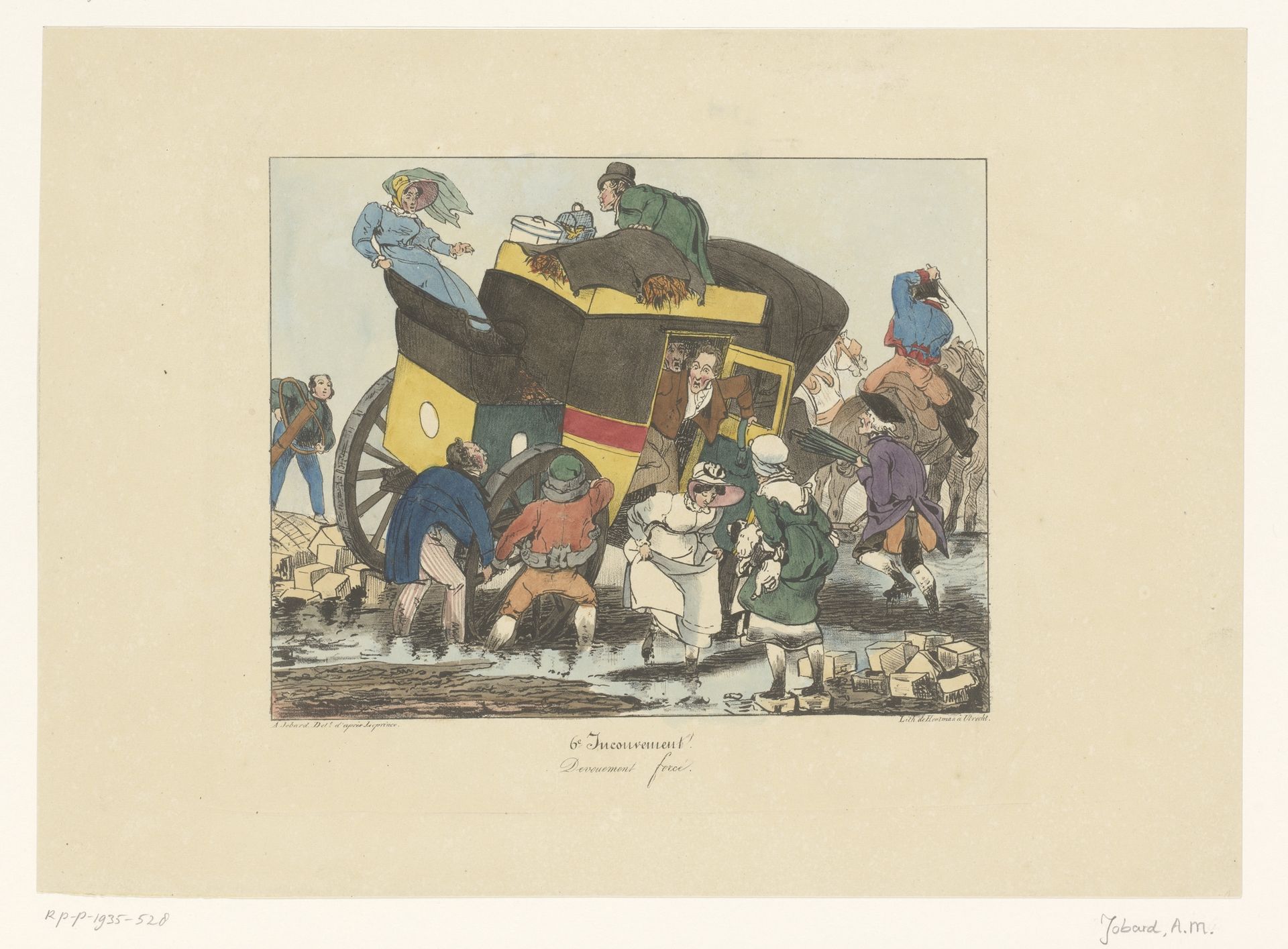 Omnibus met passagiers zit vast in de modder by Joseph Ambroise Jobard