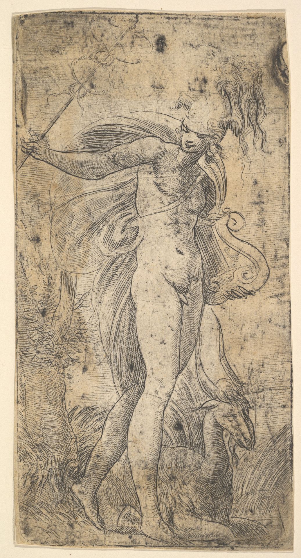Mercury standing holding a cadecus in his right hand, a lyre in his left by Andrea Schiavone (Andrea Meldola)