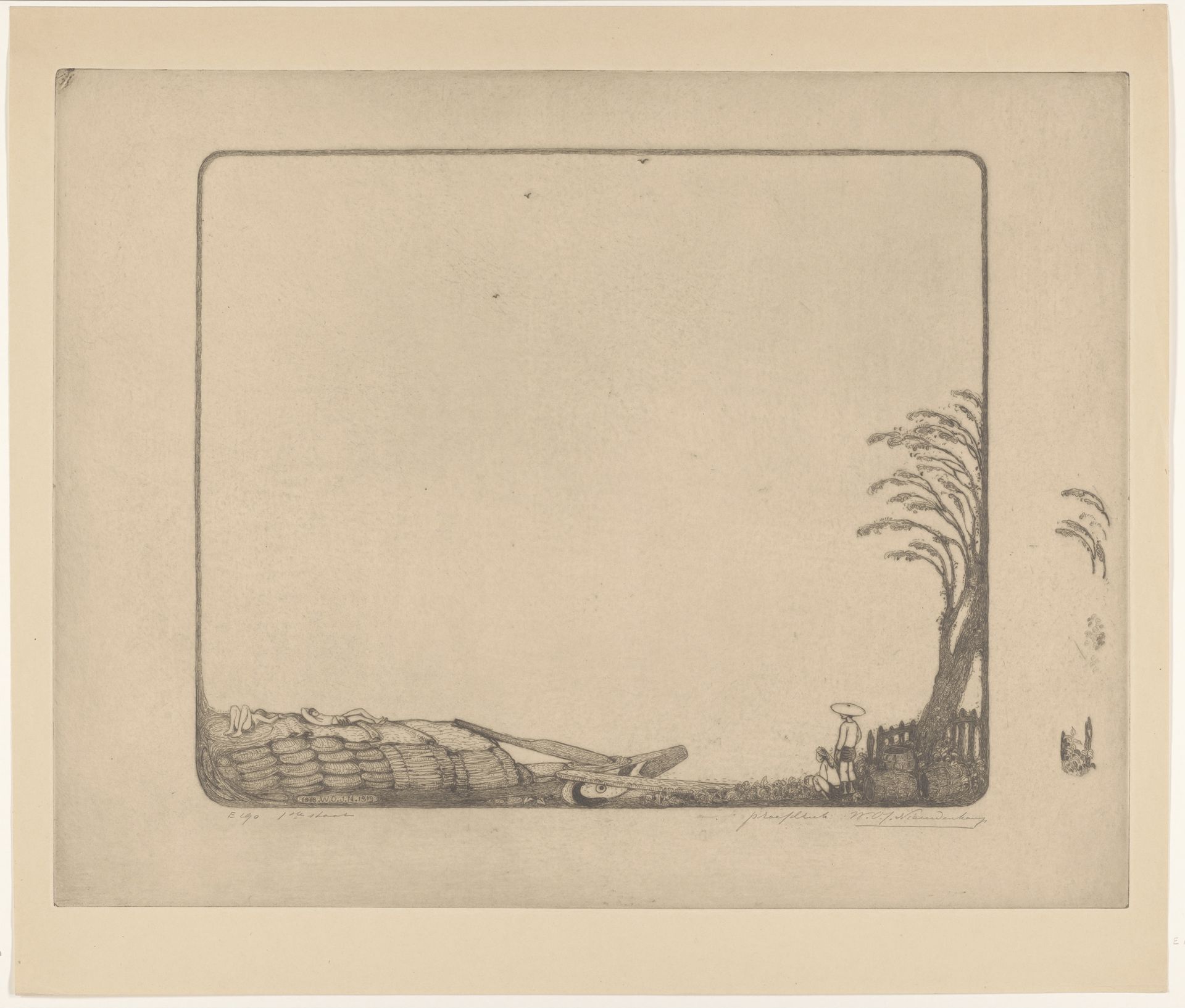 Figuren en een palmboom aan een oever in Batavia by Wijnand Otto Jan Nieuwenkamp