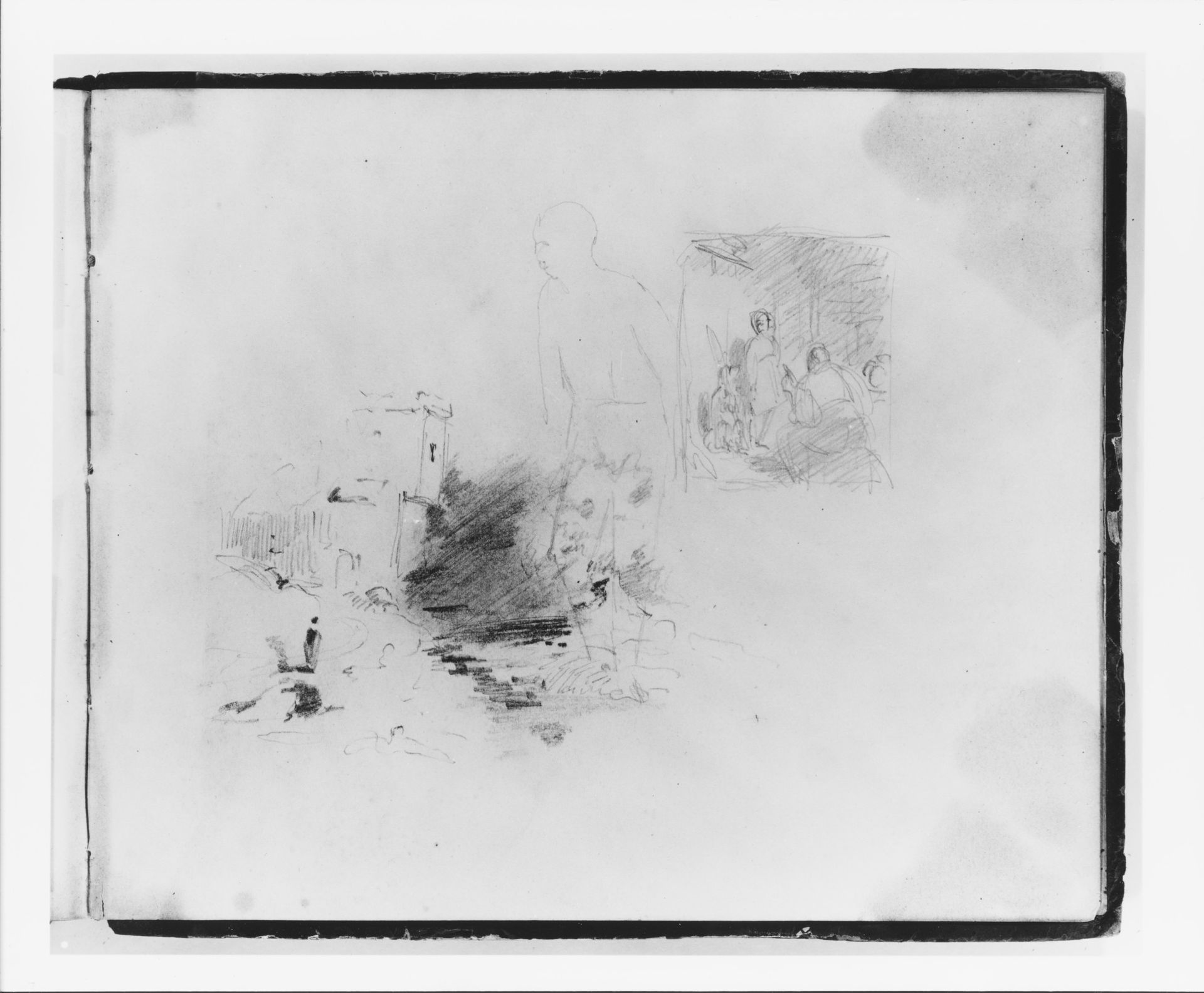 Three Studies: Standing Figure Facing Left; Interior with Two Figures and a Dog; Landscape (from Sketchbook) by Francis William Edmonds