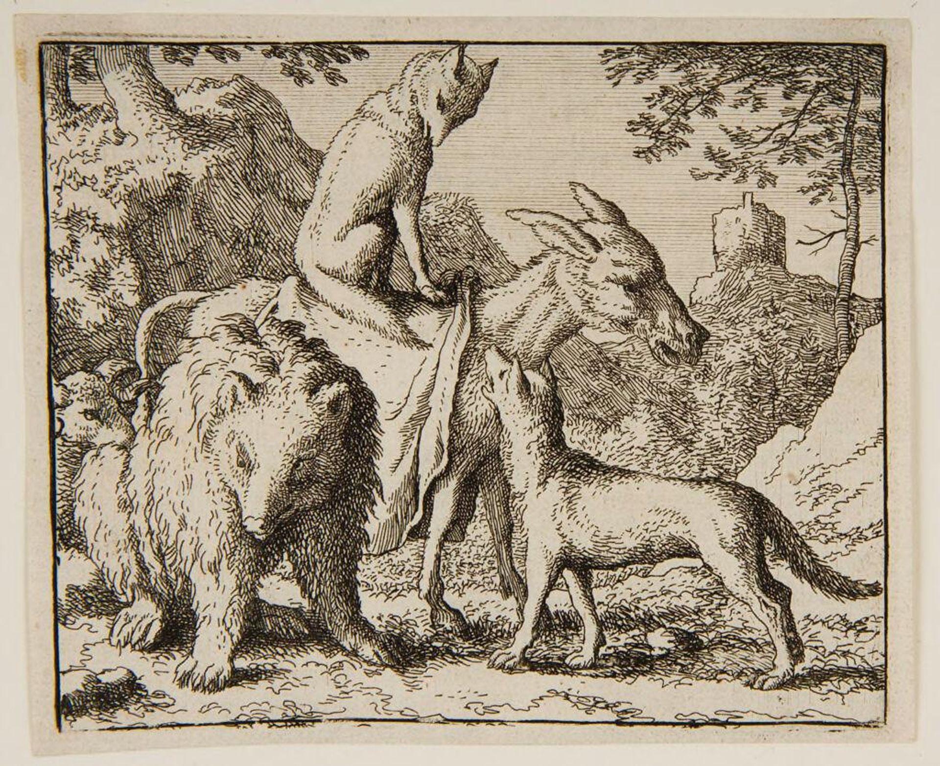 Reynard talks to another fox on horseback and a bear by Allart van Everdingen