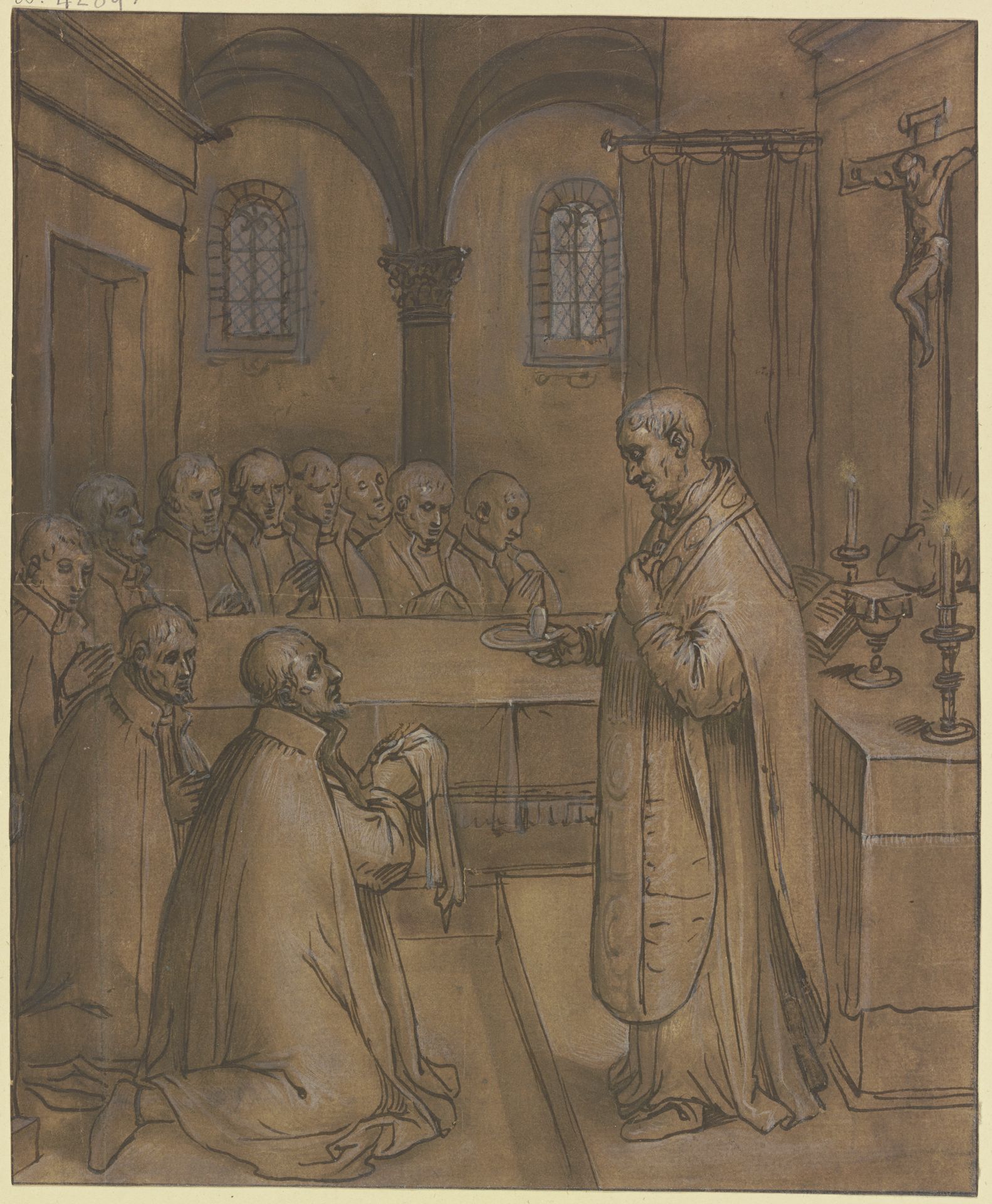 Ein vor dem Altar stehender Priester reicht mehreren knienden Männern die Hostie by Pordenone