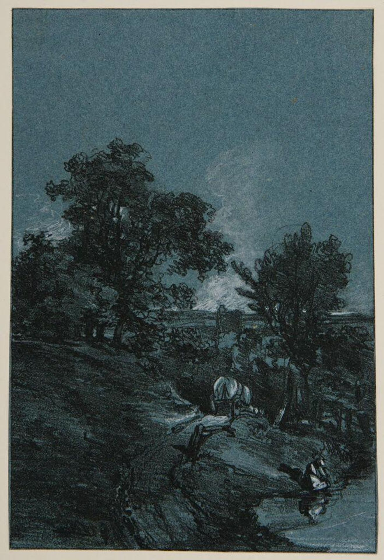 View from Hillside, Covered Wagon on Road, Woman by a Pond by FranÃ§ois Louis Thomas Francia
