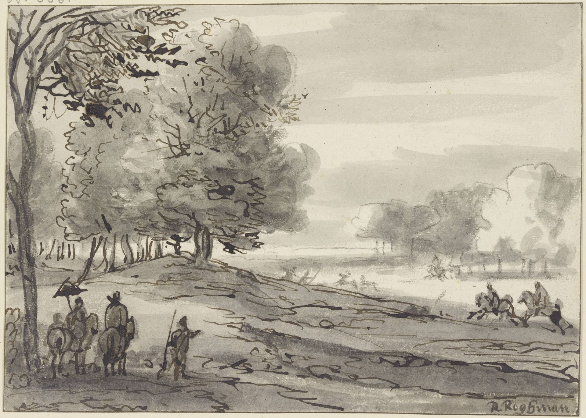 Landschaft mit einer Parforcejagd, links eine Dame zu Pferde mit einem Sonnenschirm by Roelant Roghman