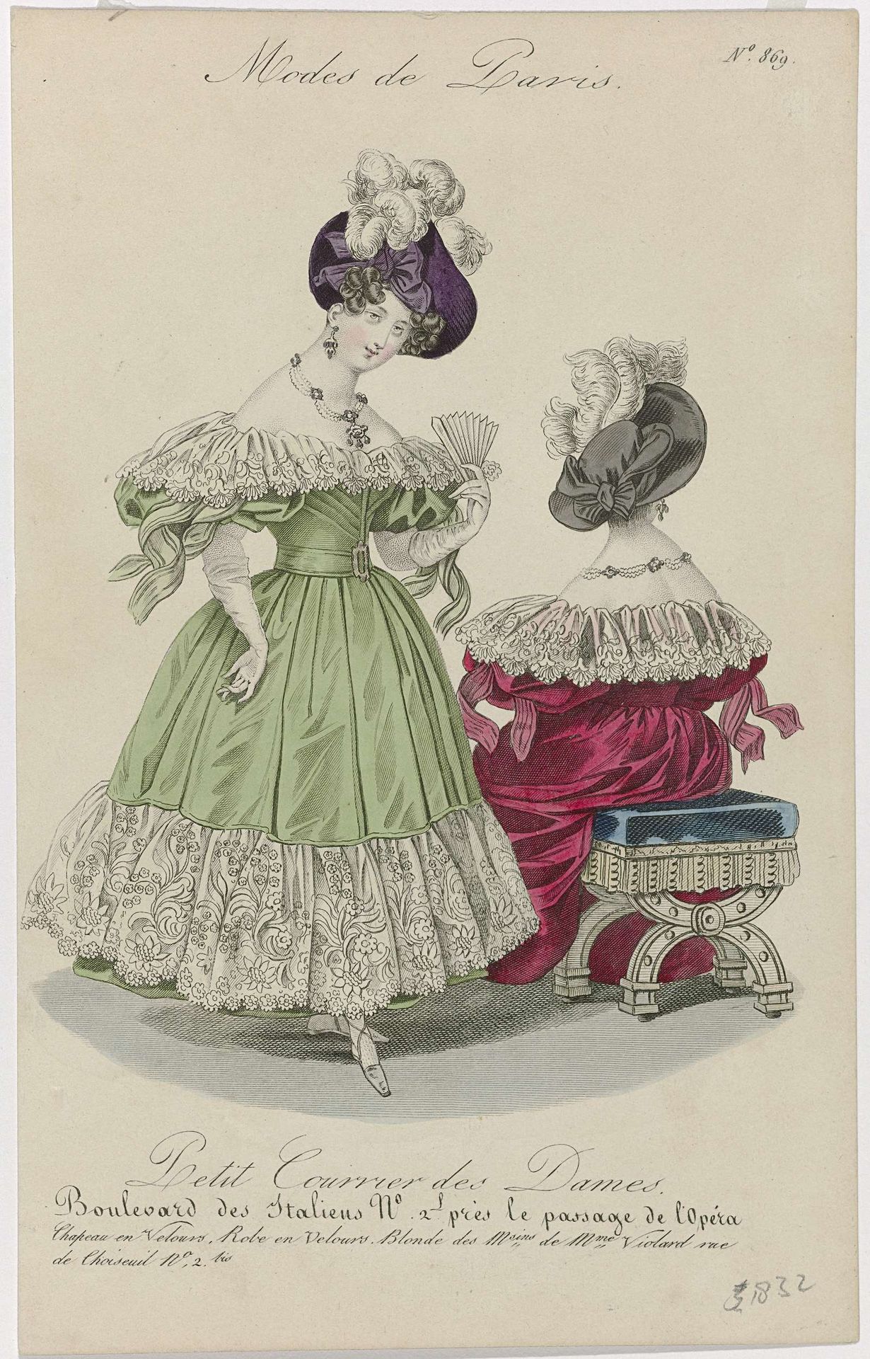 Petit Courrier des Dames, 1832, No. 869 : Chapeau en velours (...) by Anonymous