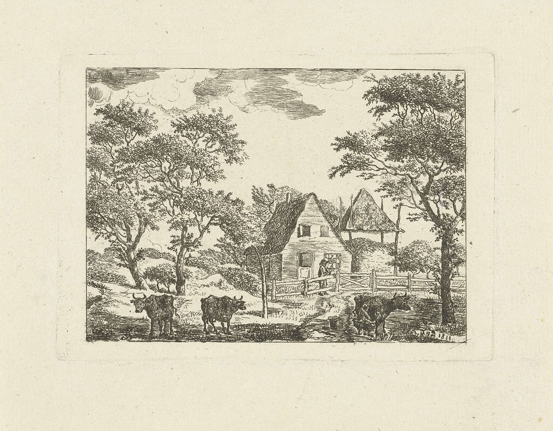 Landschap met boerderij en koeien in weiland by Jan van Delden