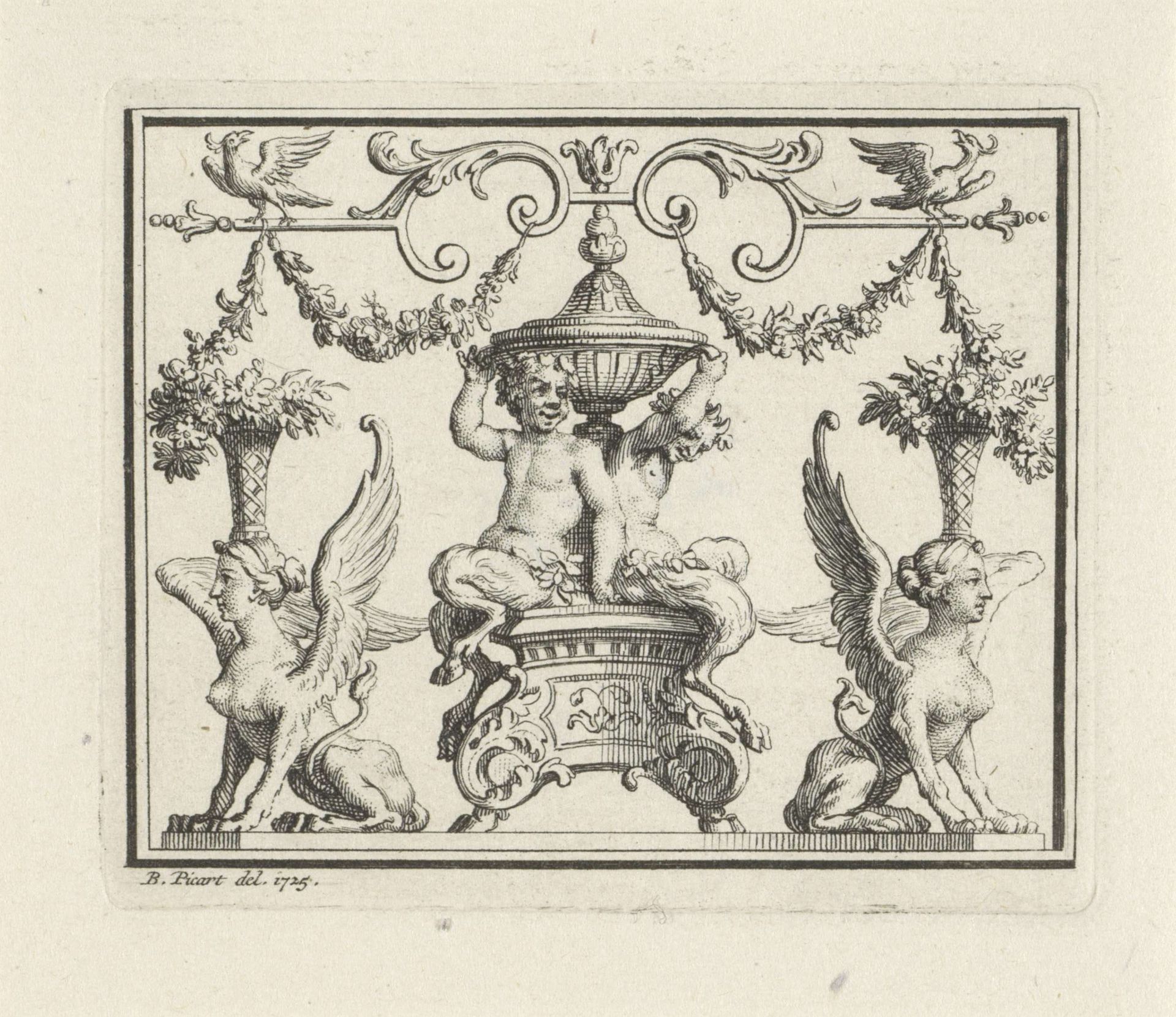 Vignet met saters en sfinxen by Bernard Picart