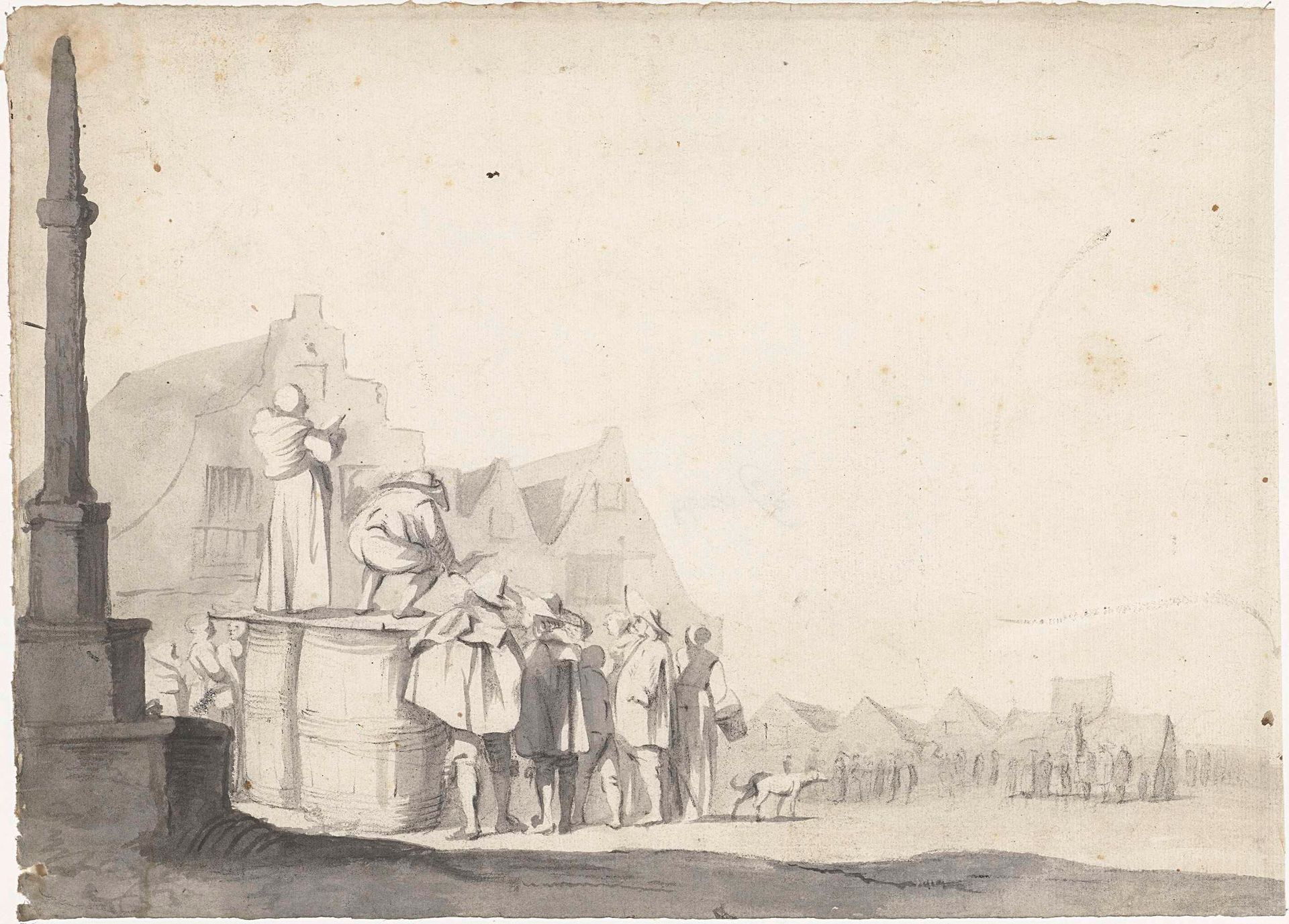 Marktplein met omroeper op een vat by Moses ter Borch