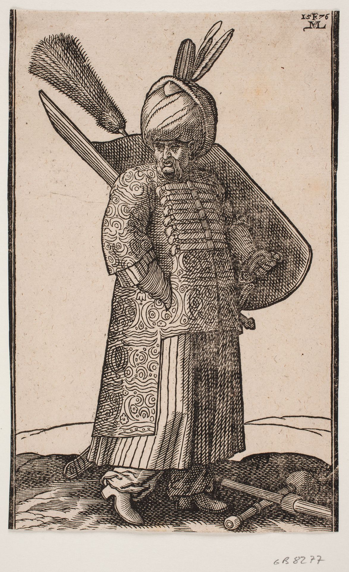 Stående tykmavet soldat, med h. hånd i lommen, vendt mod h.; to fjer i turbanen; ved v. side sværd, på v. arm skjold med fjerbusk; på jorden foran ham ligger stridskølle og lanse over kors by Melchior Lorck