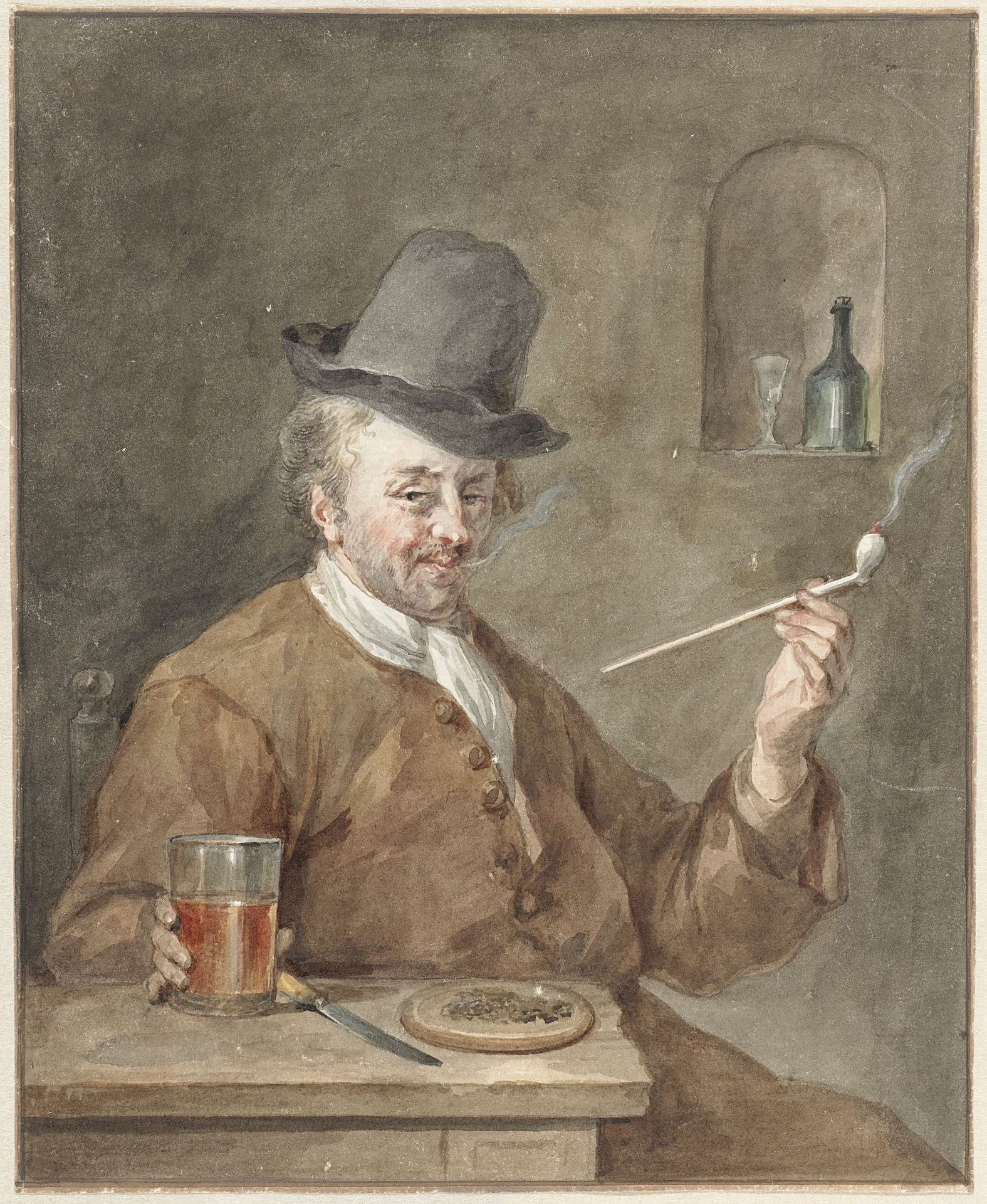 Pijprokende man aan een tafel met een bord, een mes en een glas by Aert Schouman