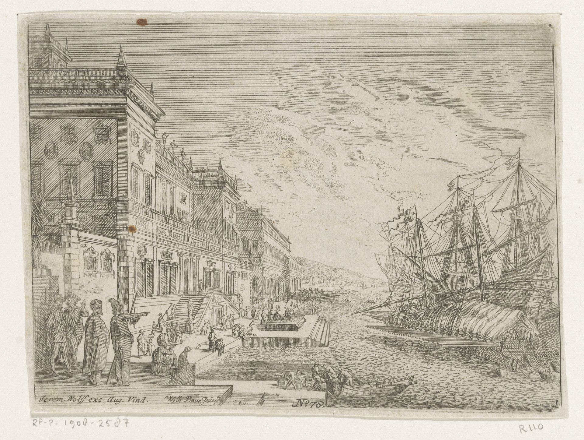 Havengezicht met schepen en een galei voor een paleis by Johann Wilhelm Baur