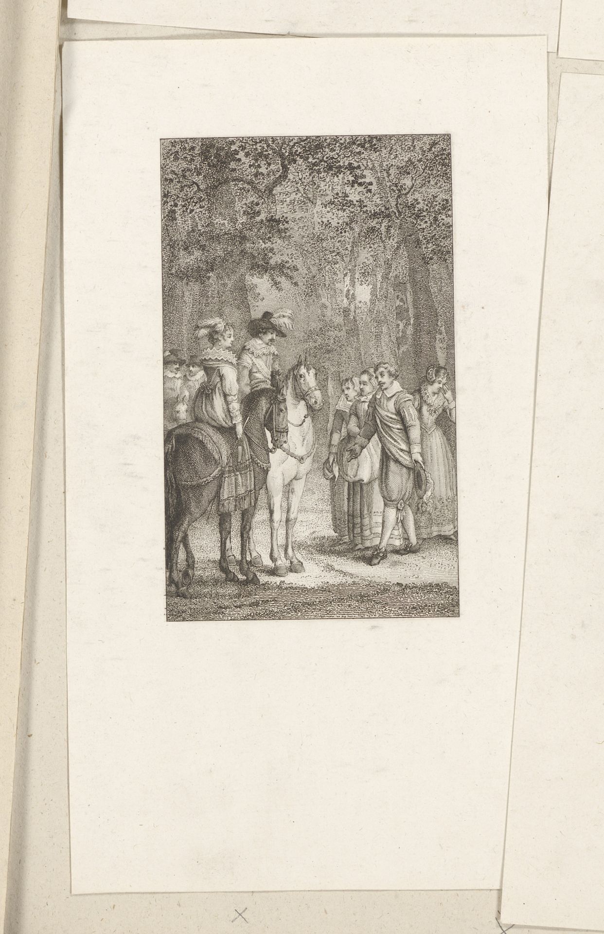 Constantijn Huygens begroet prins Frederik Hendrik en zijn vrouw te paard by Reinier Vinkeles