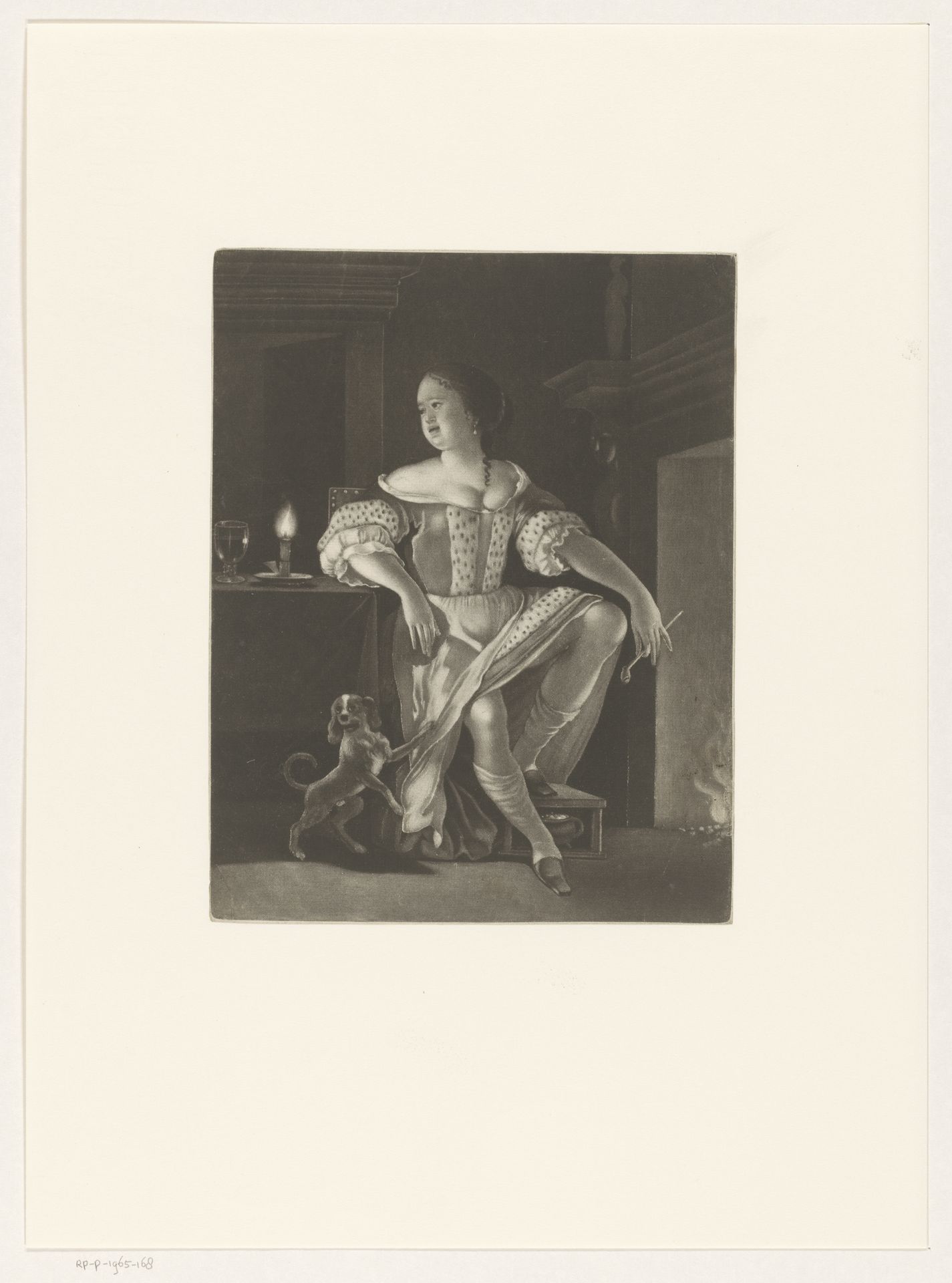 Vrouw met pijp in haar hand bij een haardvuur by Isaac Beckett